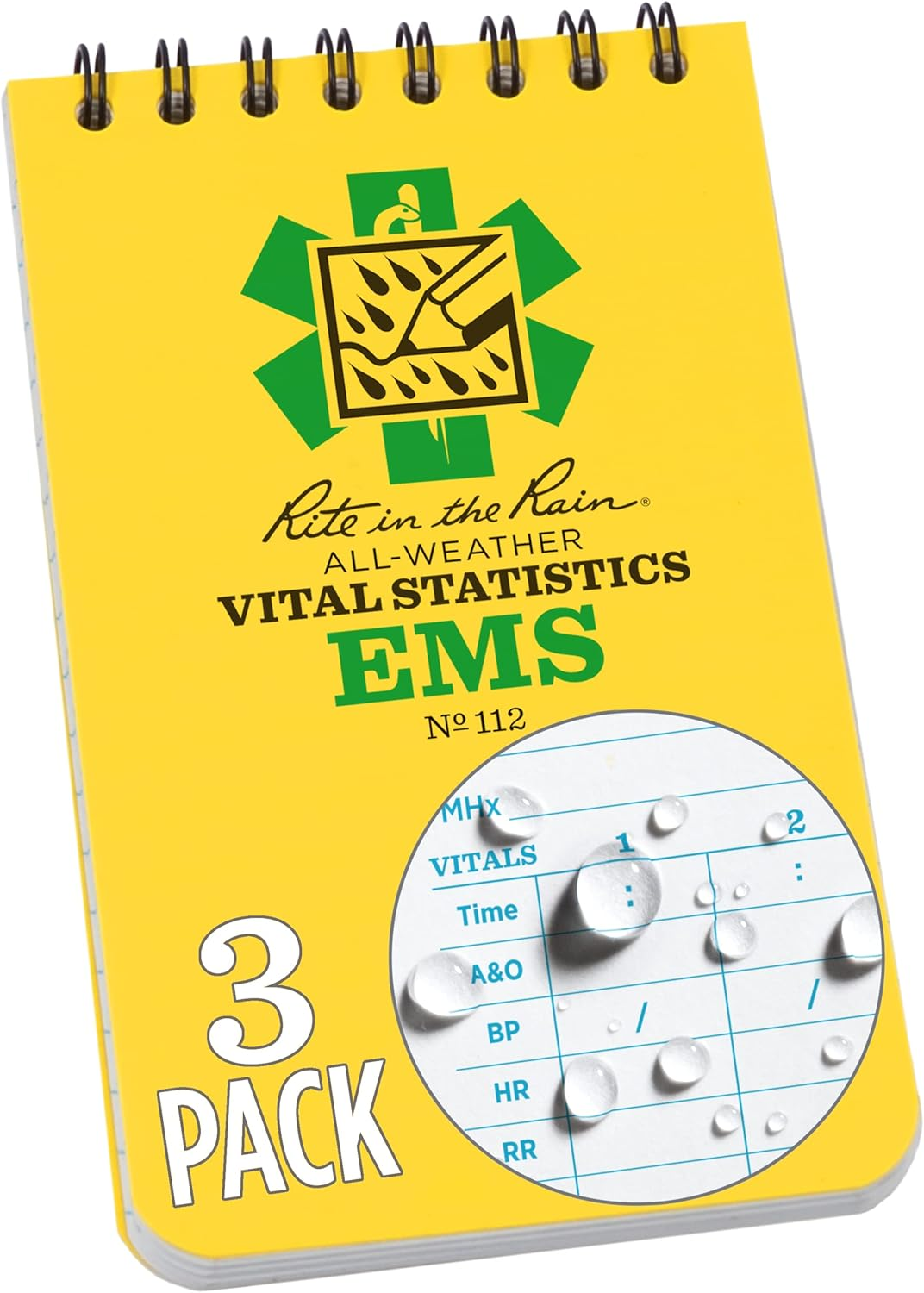 Rite in the Rain Trademark Fine Art Weatherproof EMS Notebook, 3" X 5", Yellow Cover, Vital Stats Pages, 3 Pack (No. 112-3) image number 2
