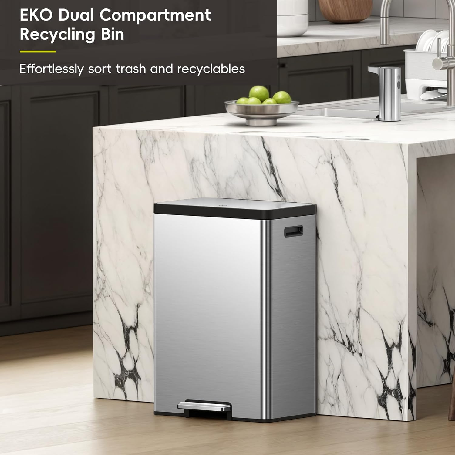 EKO Ecocasa II Rectangular Kitchen Step Trash Can, 20L+20L Dual Compartment Recycling Bins, Stainless Steel Lid and Pedal, Odor-Proof, Fingerprint Resistant image number 6