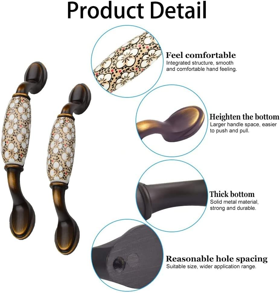 Vulevirtue Pack of 2 Vintage Floral Pattern Cabinet Handles, Floral Pattern Door Handles, Ceramic Cabinet Handles, Cupboard Drawer Push Handle with Screws, for Kitchen Drawer Cupboards Door (144 X 40 image number 4