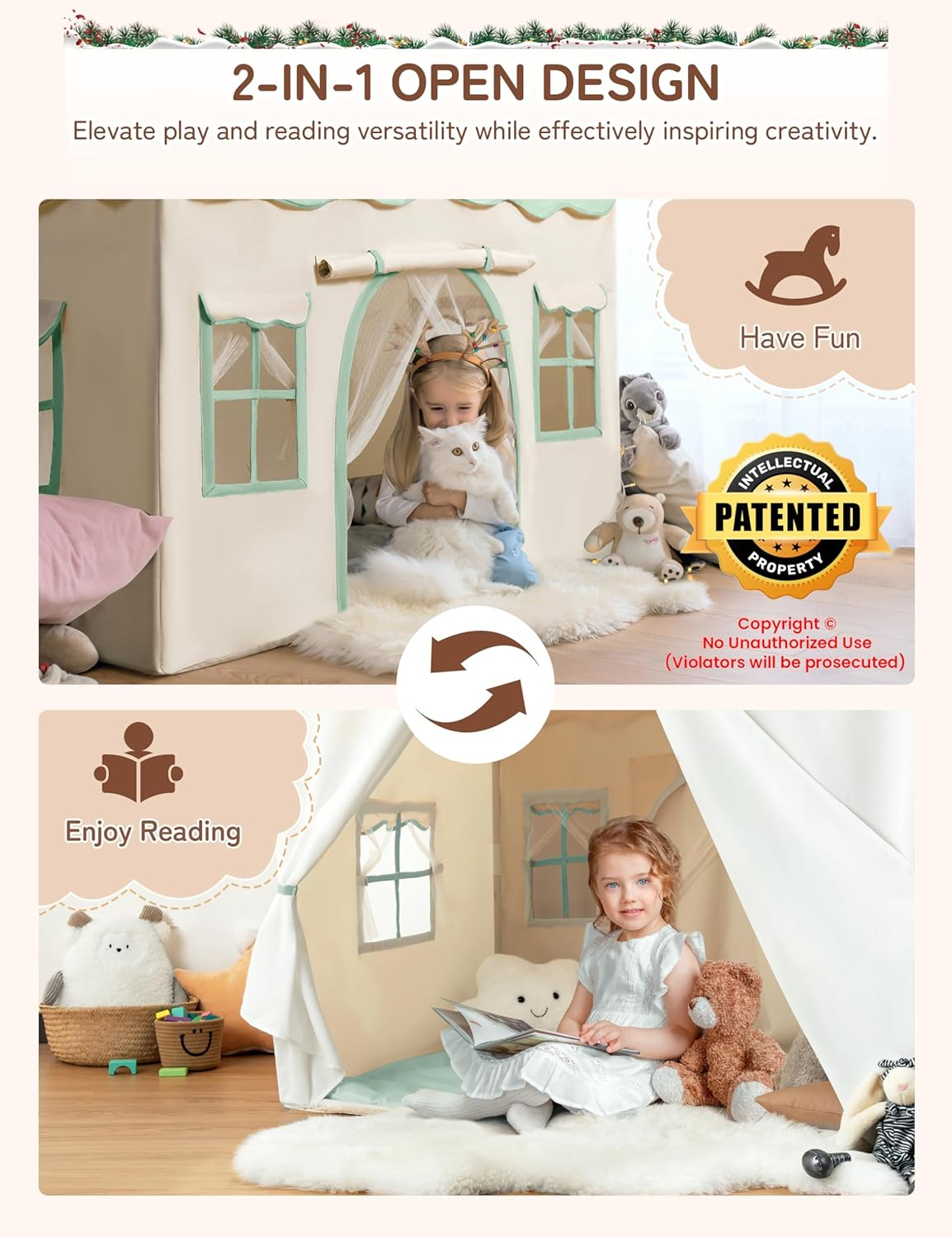Kids Play Tent, Kids Playhouse 2 in 1 with Padded Mat, Indoor & Outdoor,130 X 89 X 130 Cm, Mint Green and White image number 5