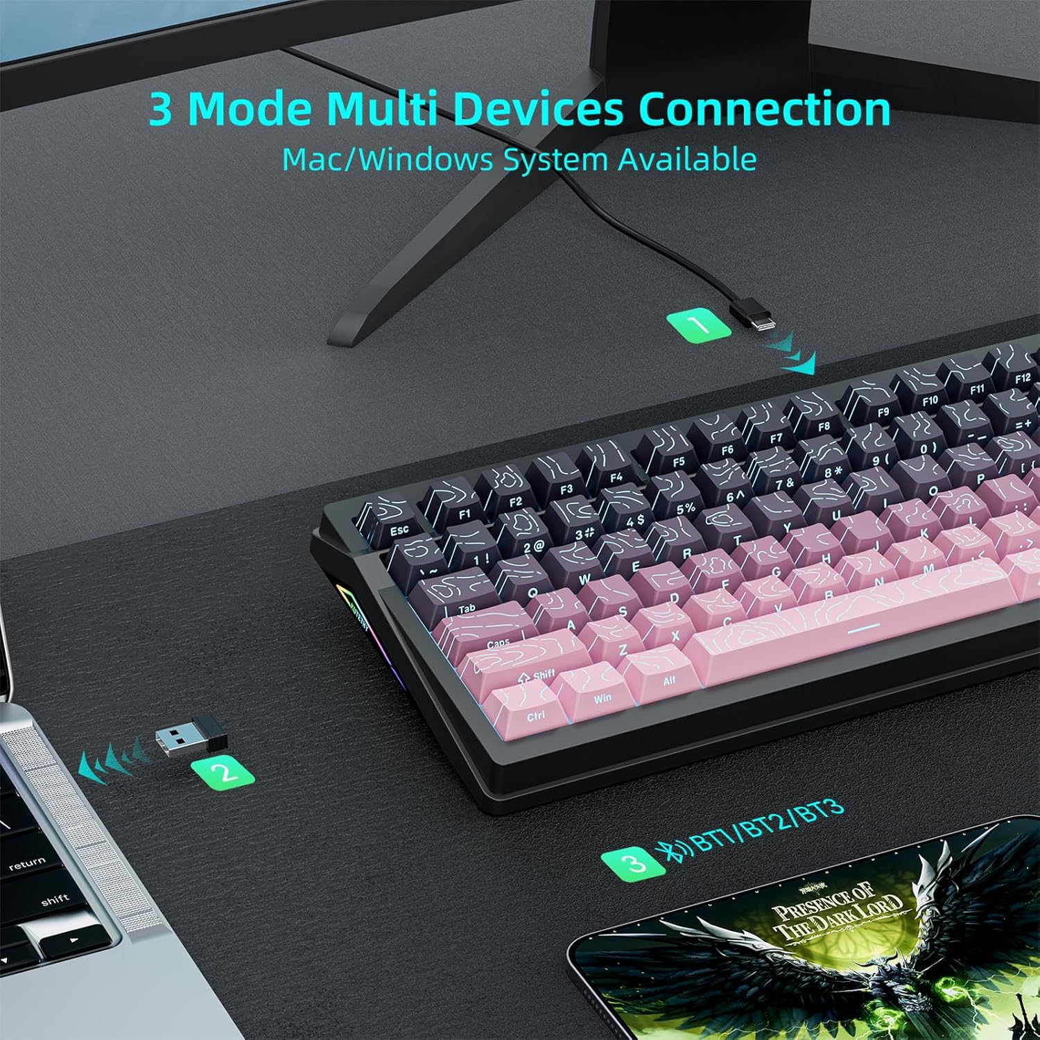 Kutethy Wireless Mechanical Keyboard,Pre-Lubed Switches,Gasket Structure,Tri-Mode Bt/2.4Ghz/Usb-C Hot Swappable,Gradient Topographic Keycaps,Rgb Backlit Gaming Keyboard(Kailh Box Chocolate Switch) image number 7