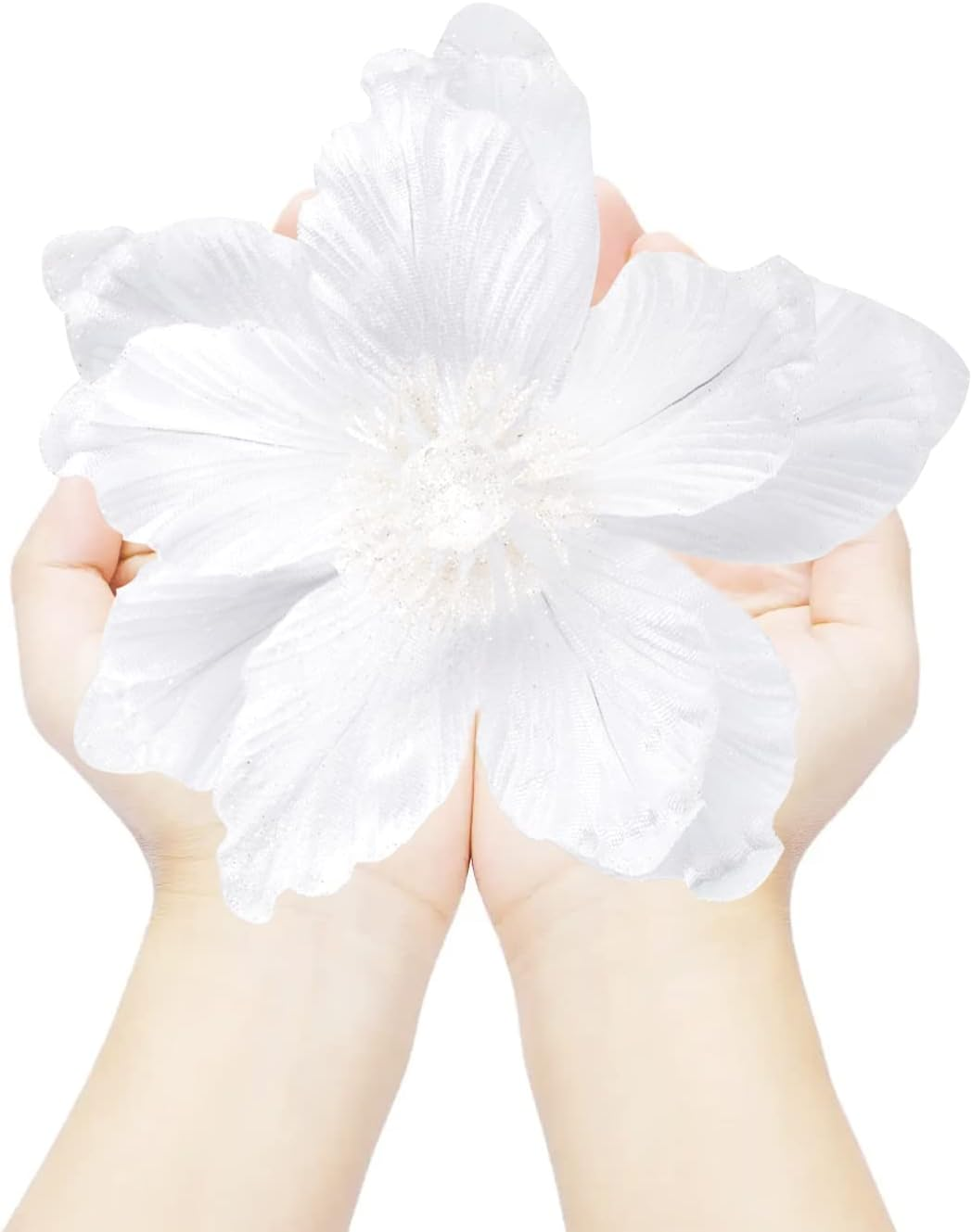 Gl-Turelifes Glitter Christmas Flowers White Large Velvet Magnolia Artificial Floral Ornaments Pack of 6 Folded Flower for Christmas Tree Decoration Wreath Decor Wedding Centerpiece image number 3