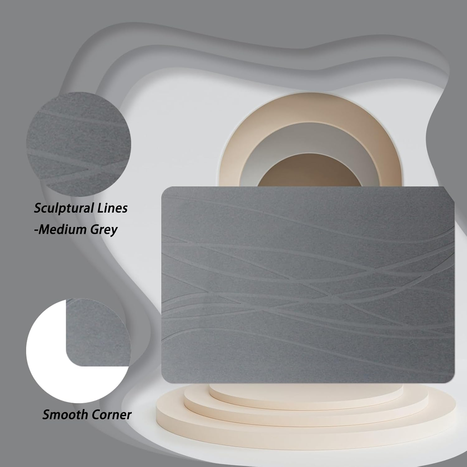 Enkis - Stone Bath Mat, Natural Diatomaceous Quick Drying Mat, 39 * 60CM Non-Slip Super Absorbent Quick Drying Diatomite Mat for Bathroom Shower Floor & Kitchen Counter (Sculptural Lines-Dark Grey) - Sculptural Lines-Dark Grey image number 6