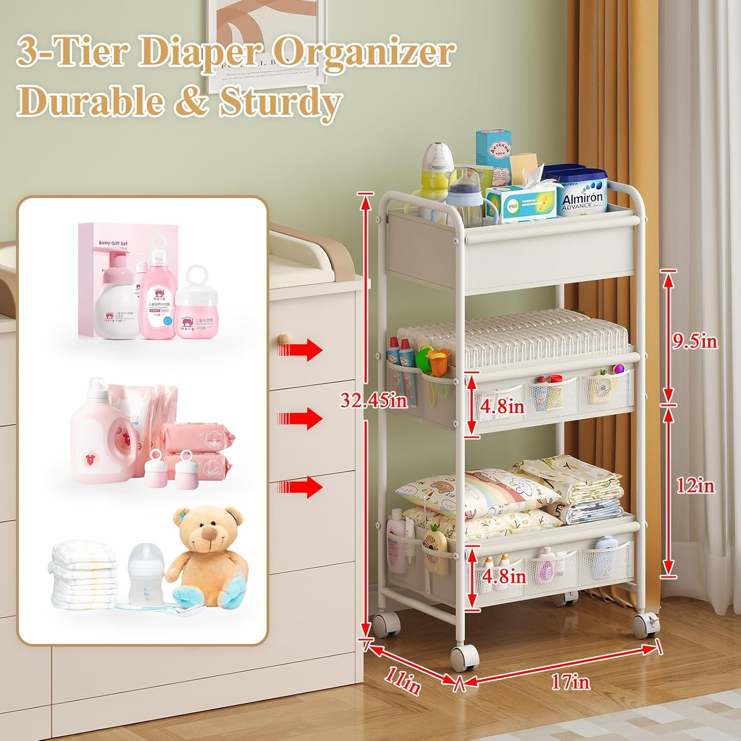 3-Tier Baby Diaper Caddy Cart Organizer, Mobile Nursery Organization with Wheels, with 2 Dividers & 14 Mesh Pockets Durable Metal Utility Cart for Nursery, Bedroom, Bathroom Essentials Organization image number 4
