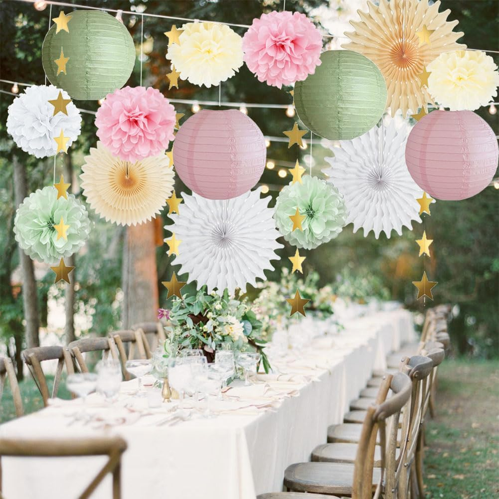 Sage Green Party Decorations Paper Lanterns Decorative Pink Tissue Paper Pom Poms Sage Green and Pink Party Decorations with Gold Star Garland for Baby Shower Bridal Shower Birthday Wedding image number 4