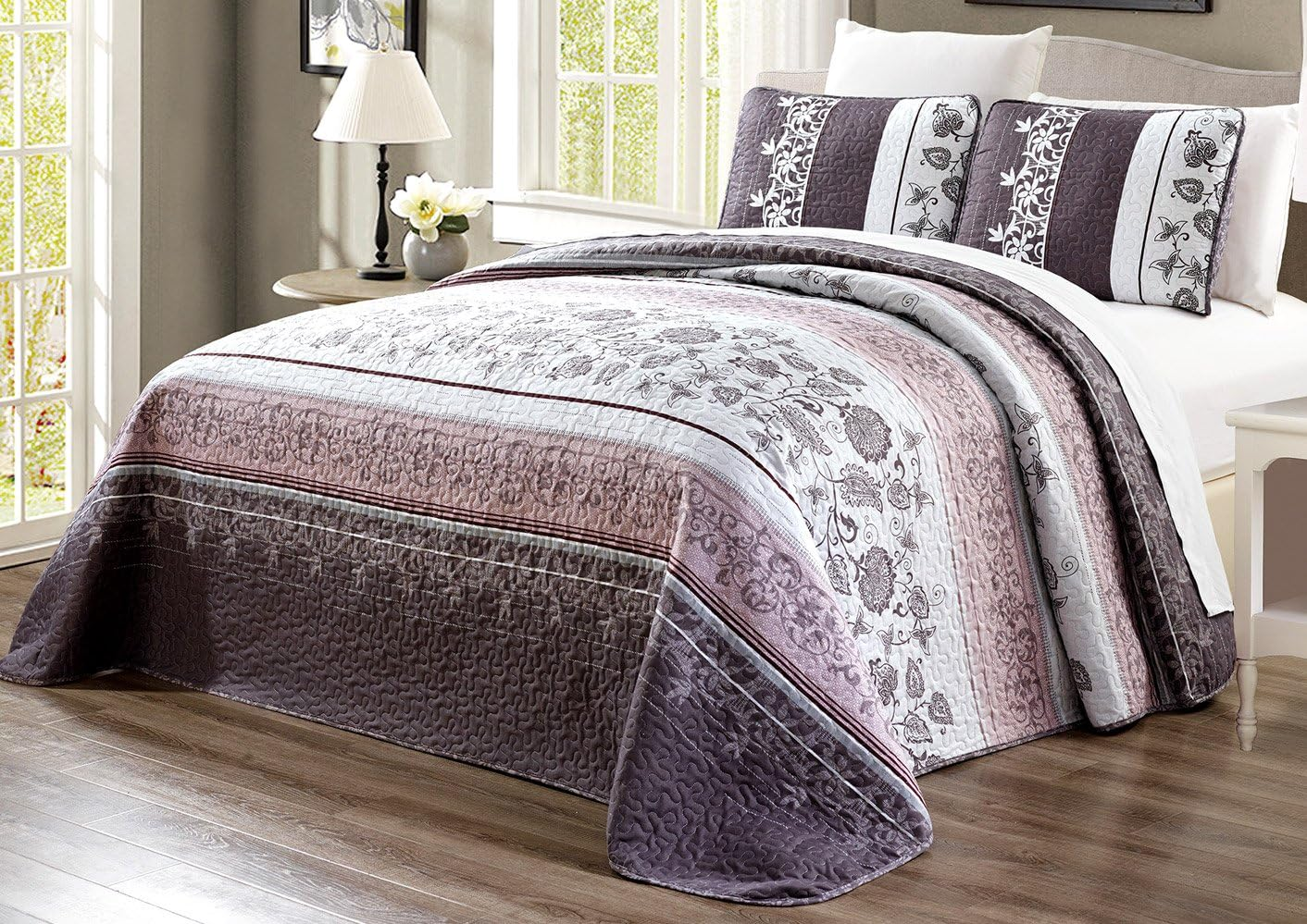 Grand Linen - 3-Piece Oversize (100 X 95) Fine Printed Prewashed Quilt Set Reversible Bedspread Coverlet Full/Queen Size All-Season Bed Cover (Purple. Grey, Brown, White, Floral) image number 5