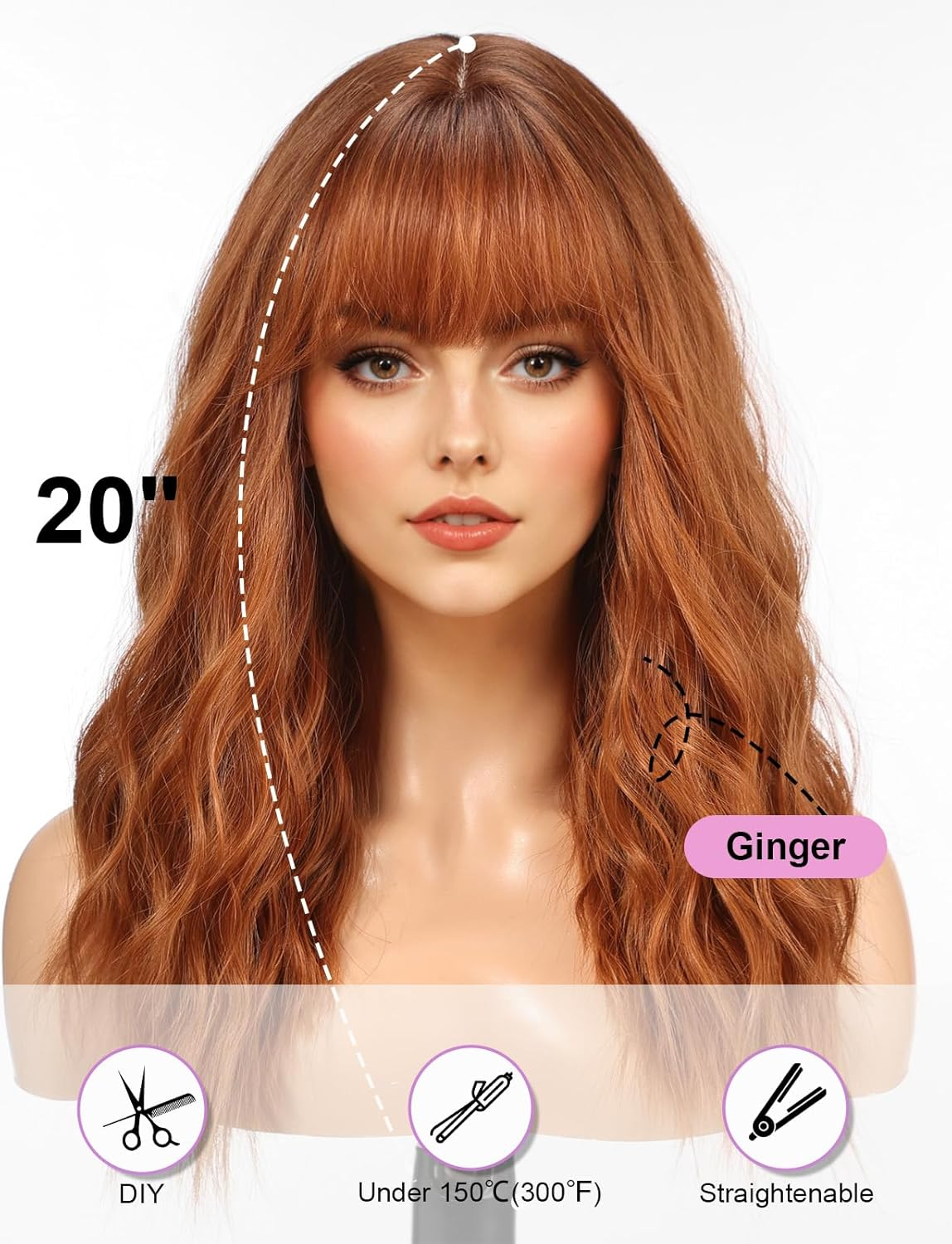 WOKESTAR Long Wig with Fringe Synthetic Wavy Wigs for Women Ginger Colour
