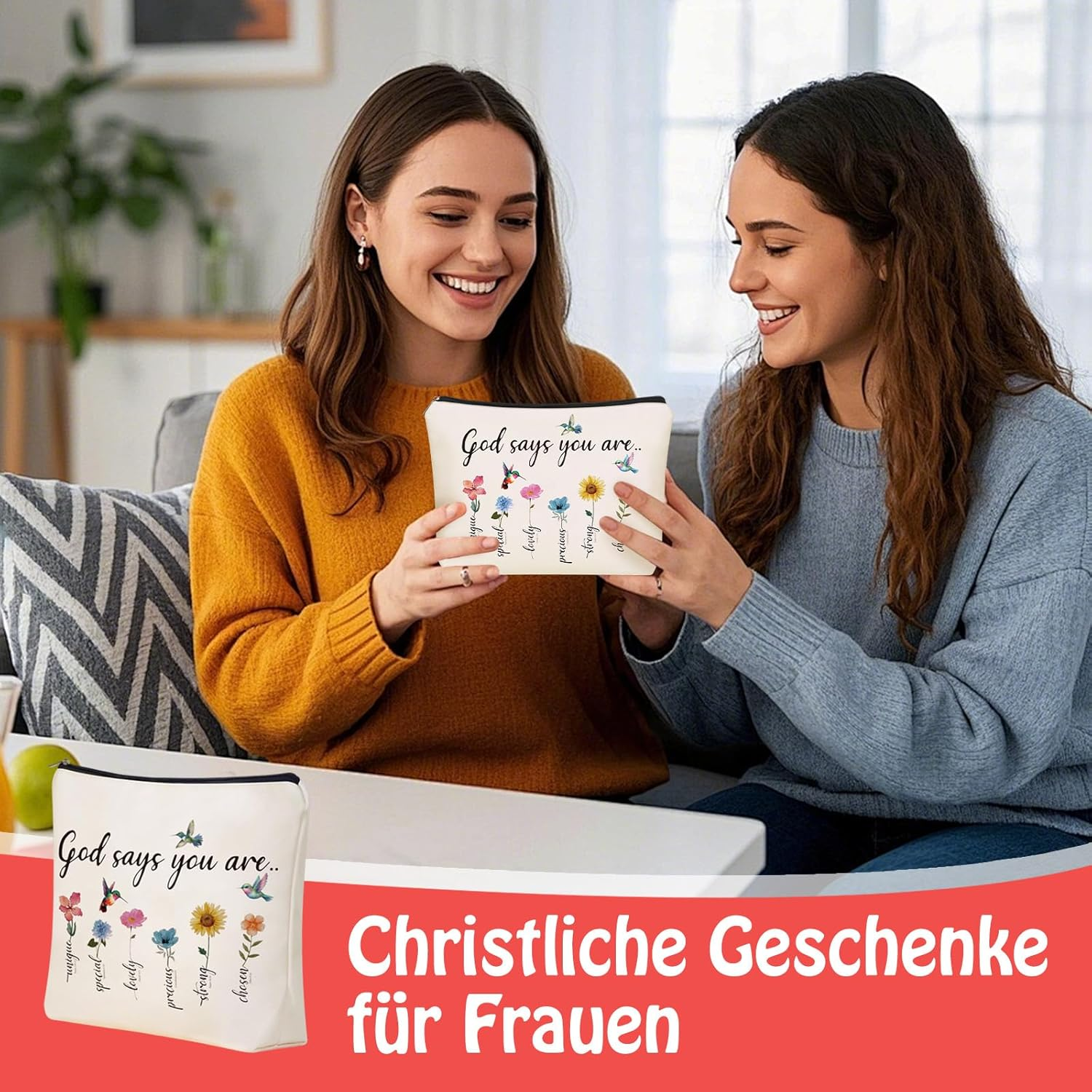 Bible Cosmetic Bag Small Christian Make up Bag God Says You Are, Cosmetic Bags Encouragement Travel Toiletry Bag with Flower, Makeup Bag for Women Bible Verses image number 5