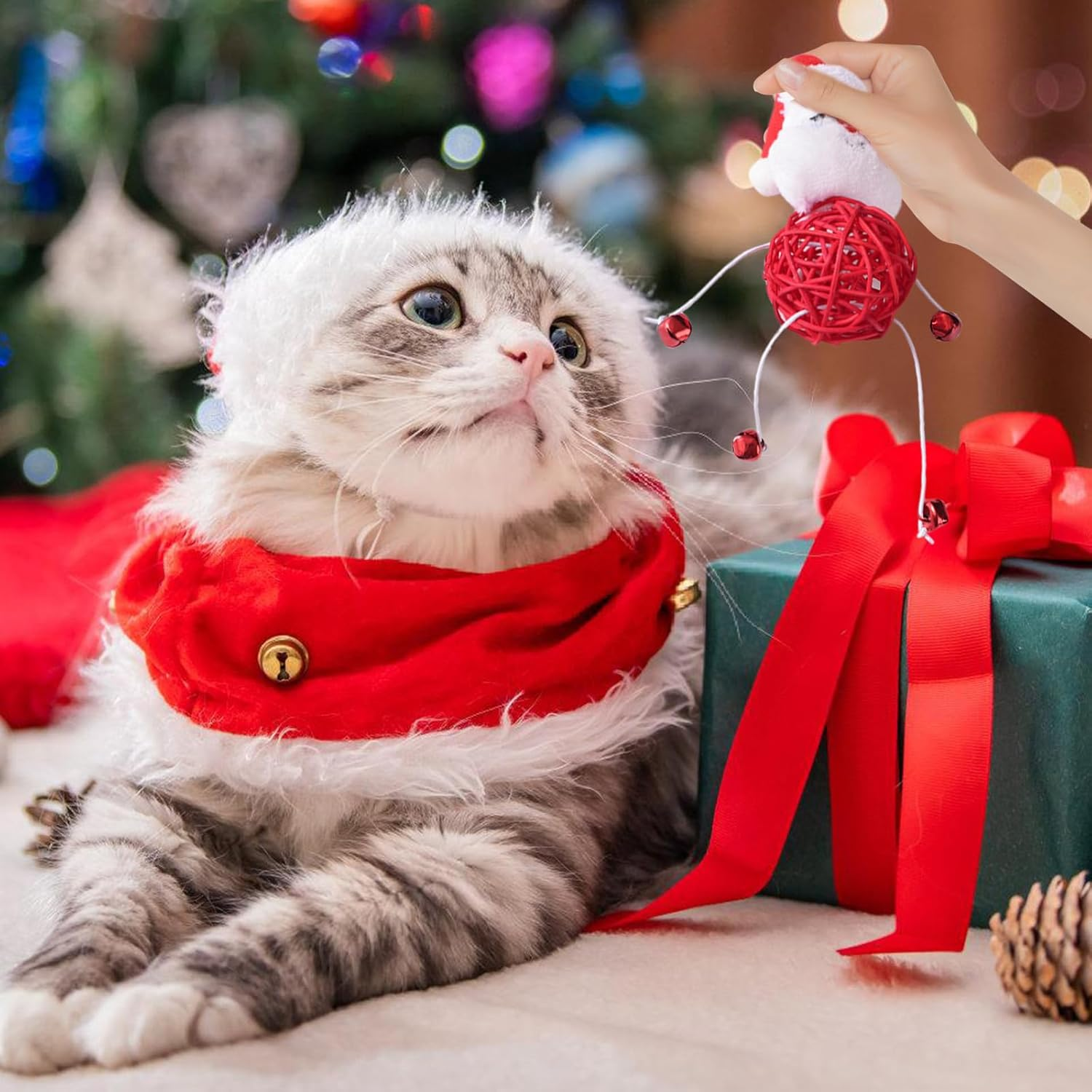 3 Pieces Christmas Cat Toys Santa Claus Kitten Rattan Balls Toys Elk Indoor Cats Plaything Toys Xmas Tree Chew Interactive Toy Christmas Pet Rattan Balls Toy for Cats Claw Chewing Teeth Cleaning image number 3