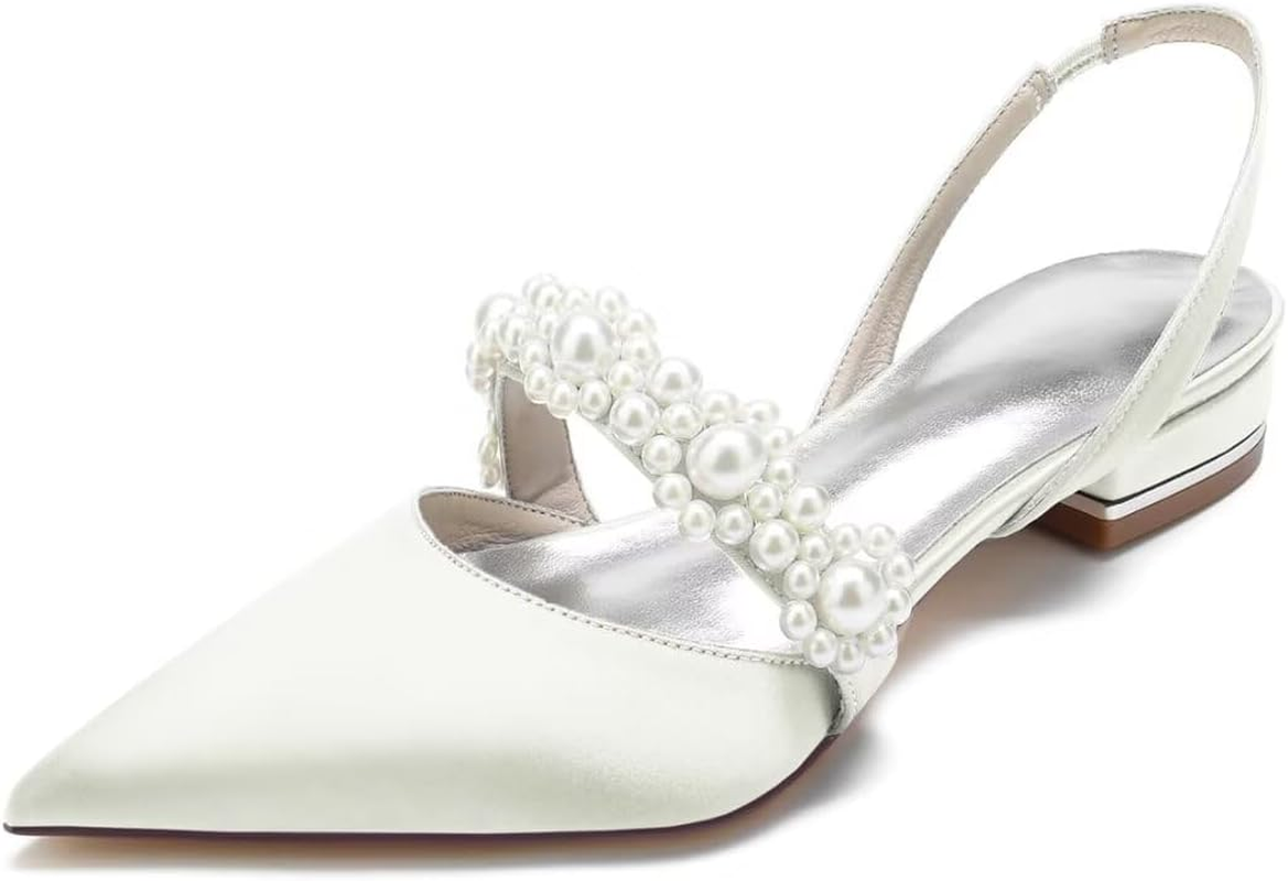 Satin Pearls Wedding Shoes for Bride Flat Pointed Toe Women Slingback Flats