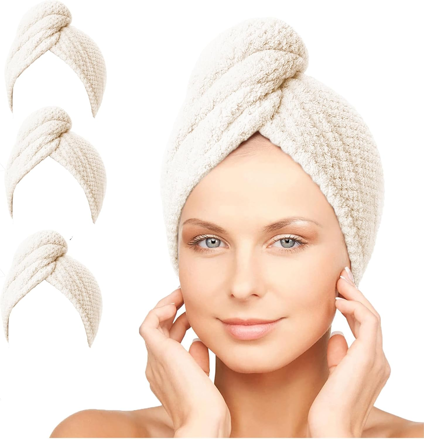 Hair Towels Wrap, Microfiber Super Absorbent Quick Drying Hair Turban, 10" X 26",3 Pack Beige