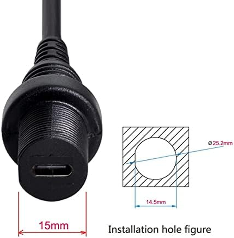 Cablecc Waterproof USB-C Type-C USB 3.1 Extension Flush Car Mount Extension Cable for Dashboard Panel