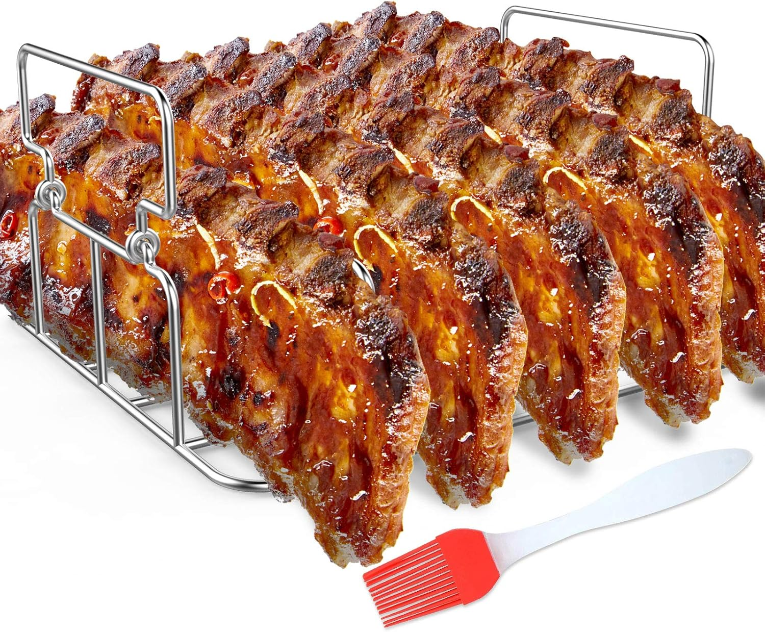 Durable Stainless Steel Rib Rack with a Silicone Oil Brush, BBQ Stand with 2 Handle for Smoker,Oven and Grill, Cook up to 5 Ribs at a Time