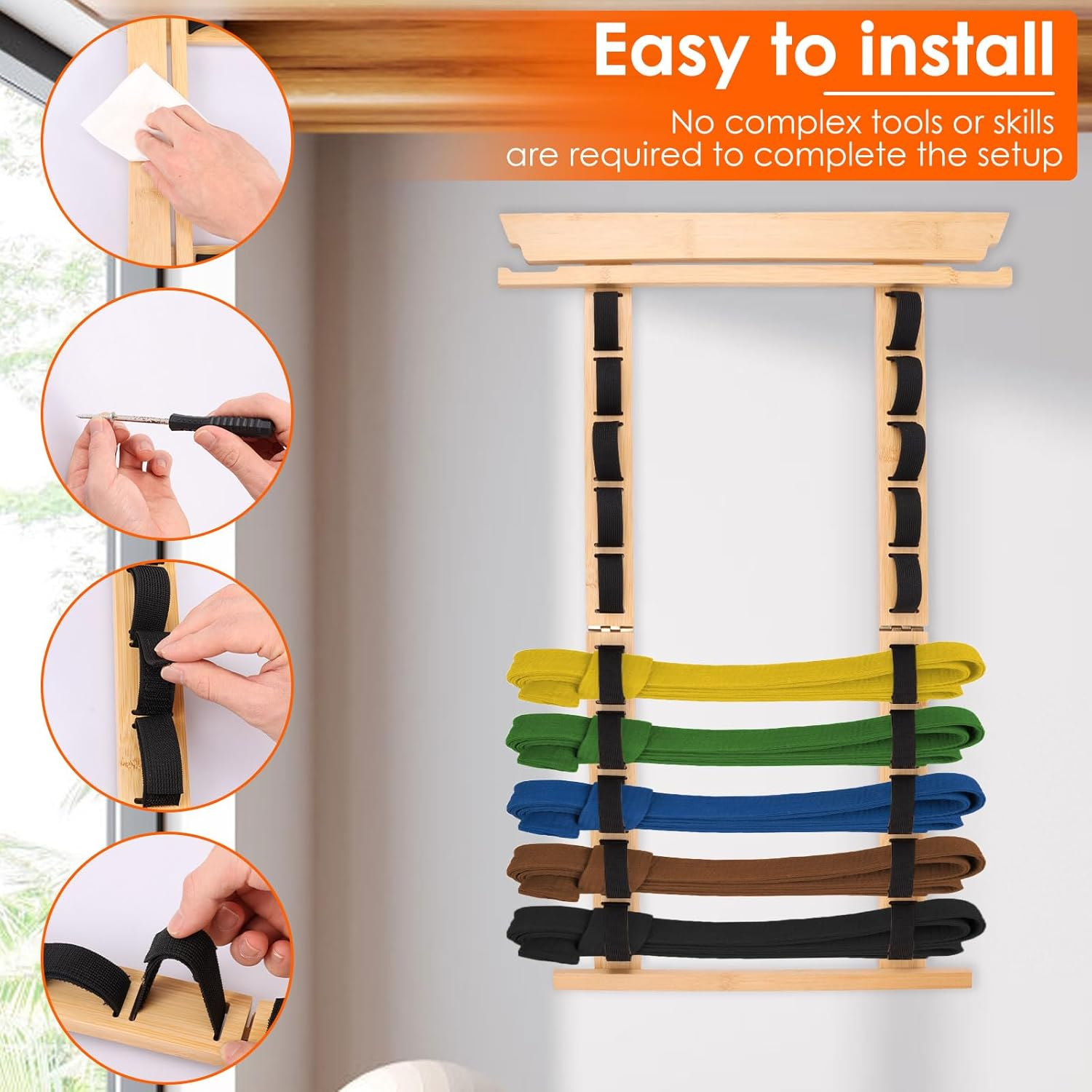 Fwqofvk 10 Tiers Wood Karate Belt Display Rack with Medal Hanger and Stickers, Easy Hanging Taekwondo Belt Display Holder for Kids and Adults image number 3