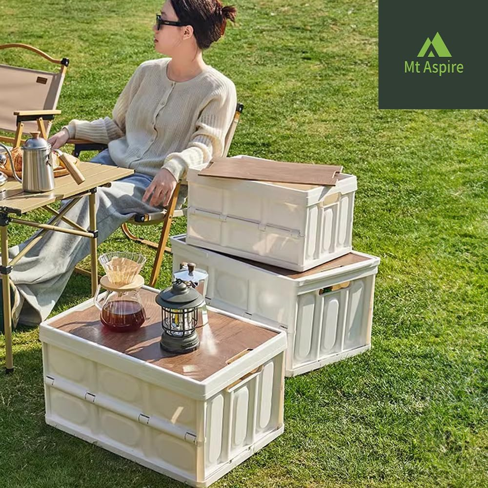 Mt Aspire Folding Camping Storage Box with Wood Lids, 30L Picnic Basket, Food Carrier for Outdoor, Fishing and Hiking, Multipurpose Organizer with Handle, White image number 2