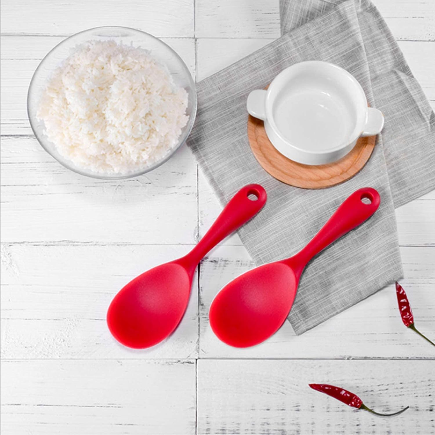 Silicone Rice Paddle Spoon Set of 2,Non Stick Heat Resistant to 446&deg;F Strong Steel Core,Kitchen Gadget,Dishwasher Safe,Works for Rice,Mashed Potato or More (Red)