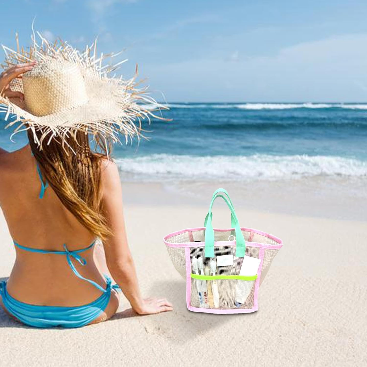 Mesh Beach Bag | Sandproof Beach Bag | Beach Toy Bag, Vacation Travel Bag, Kids Beach Bag, Mesh Tote Bag, Beach Gear Bag, Beachessentials Bag, Beach Storage Bag, Vacation Beach Bags, Pink, Refer To image number 3