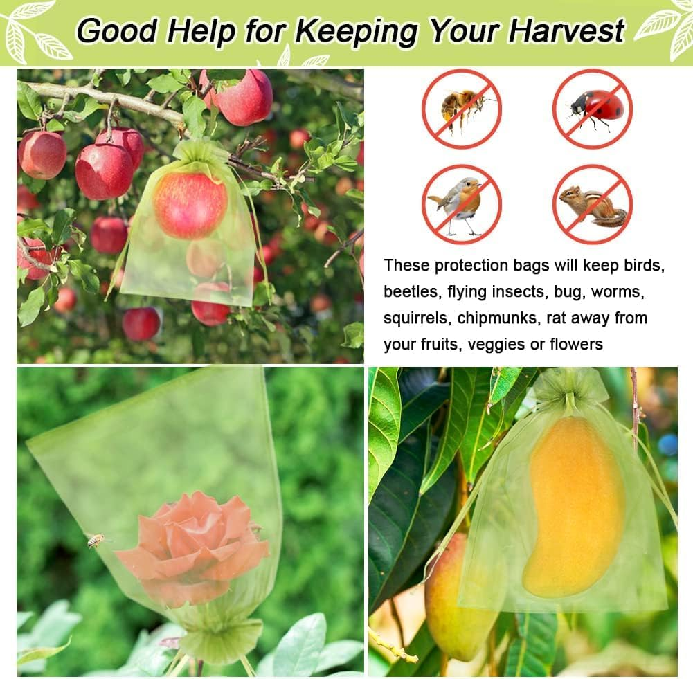 100Pcs Fruit Protection Bags 15 * 20Cm, Green Netting Cover Bags Drawstring Mesh Fruit Protectors Pest Barrier for Tomato Mango Trees Veggies Garden image number 2