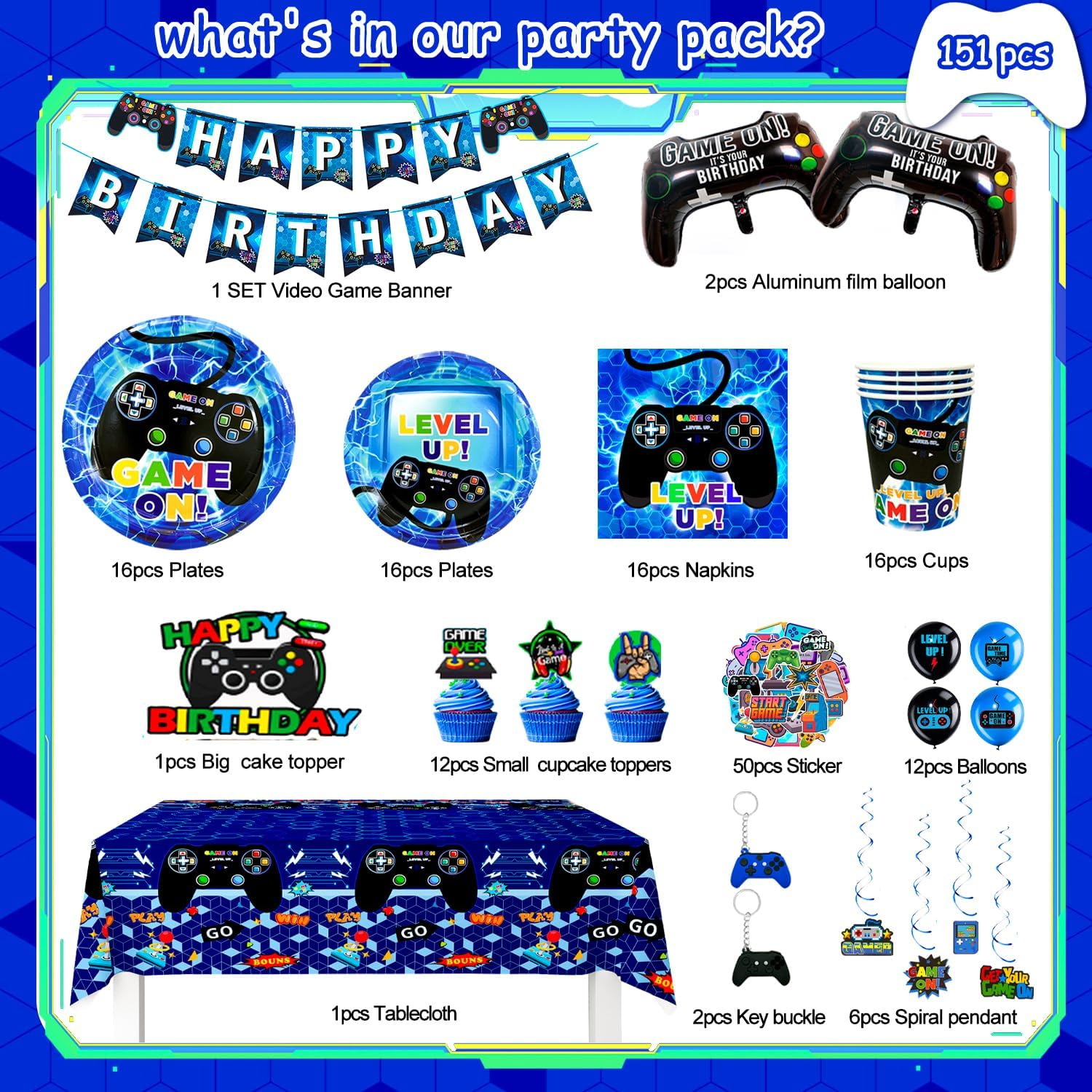 151Pcs Video Gamer Birthday Party Decorations & Video Game Party Tableware Supplies Set - Video Game Party Plates Cups Napkins Tablecloth Banner Balloons Etc Game Themed Party Decorations for Boys image number 3