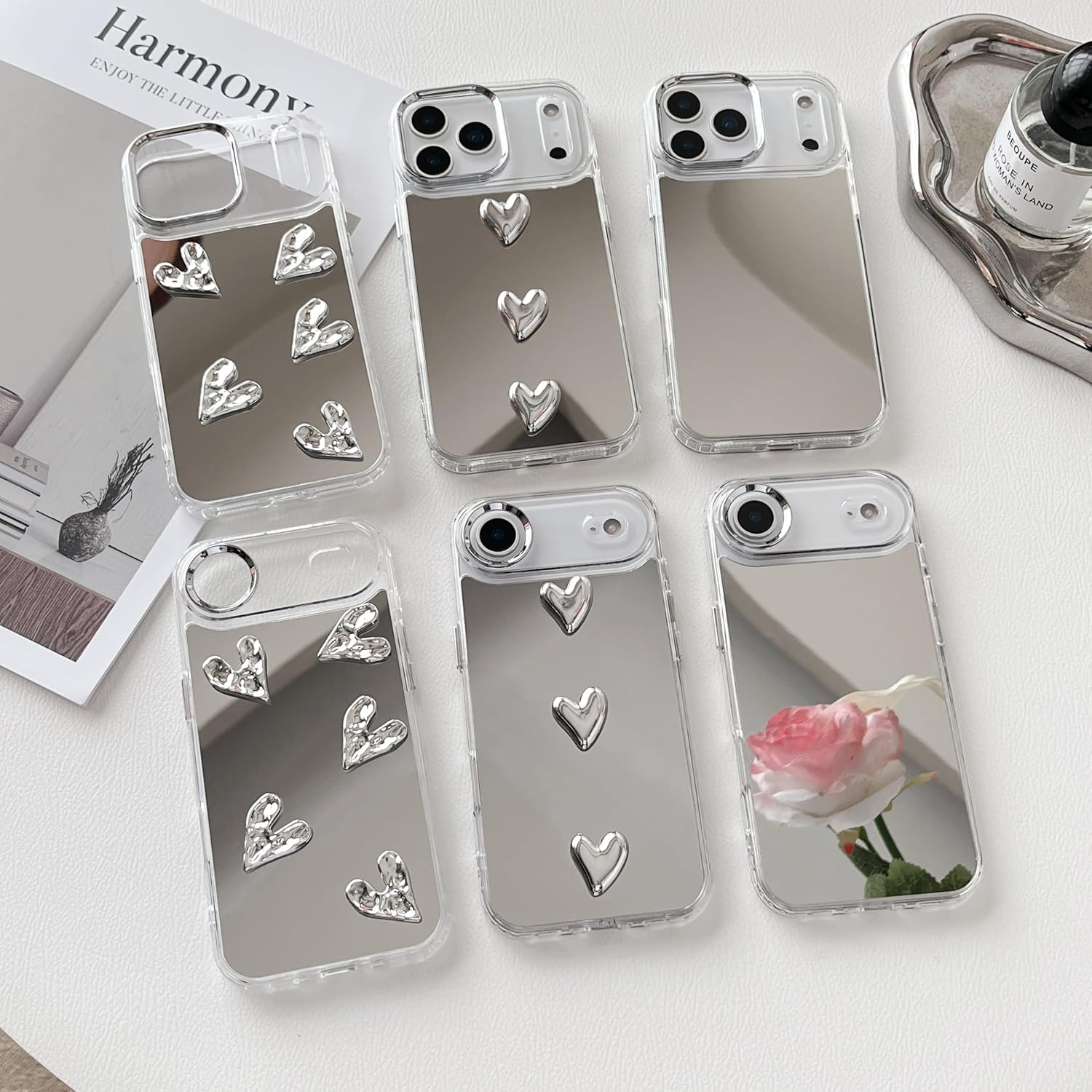 ZTOFERA for Iphone 17 Pro Max Case, Cute Mirror Case with 3D Love Heart for Girls Women Makeup, Flexible Shockproof Anti-Scratch Protective Cover for Iphone 17 Pro Max - Sliver 5 Hearts