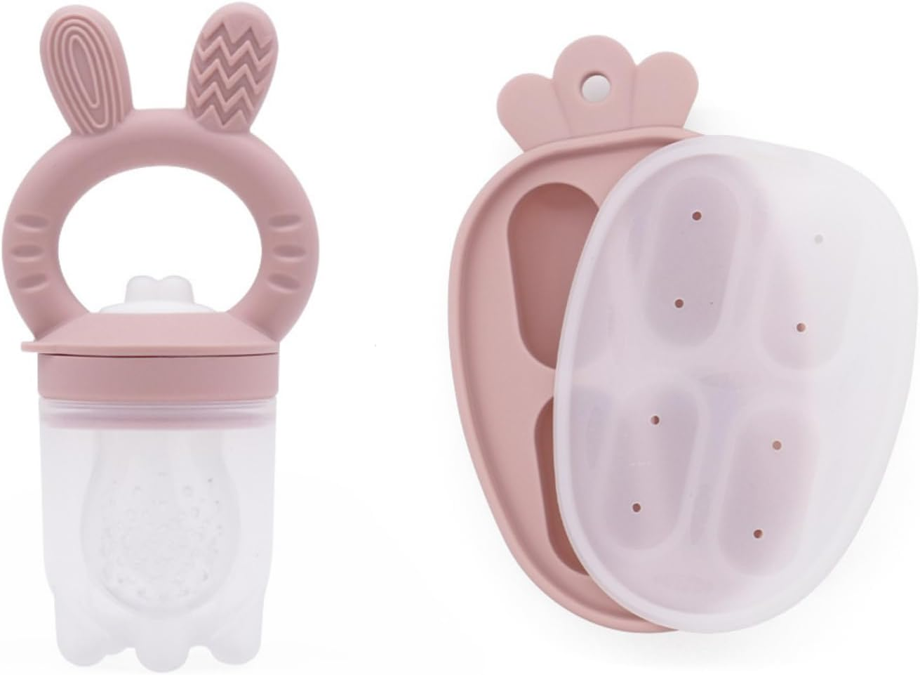 Bunny Food Freezer Tray and Fruit Feeder Combo, Breastmilk Popsicle Molds for Baby Cooling Relief, BPA Free Silicone Teether for Newborn Babies (Pink) image number 3