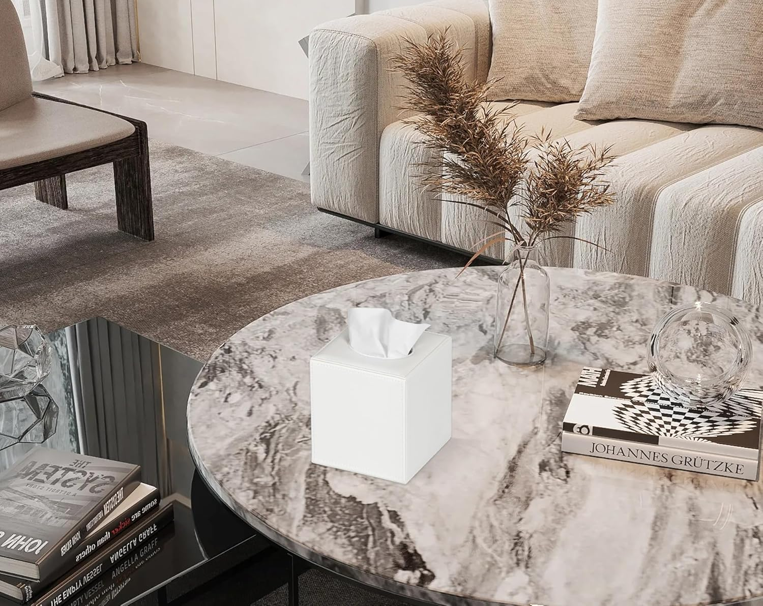 Tissue Box Cover Square Tissue Box Holder for Bathroom (White) - Black image number 3