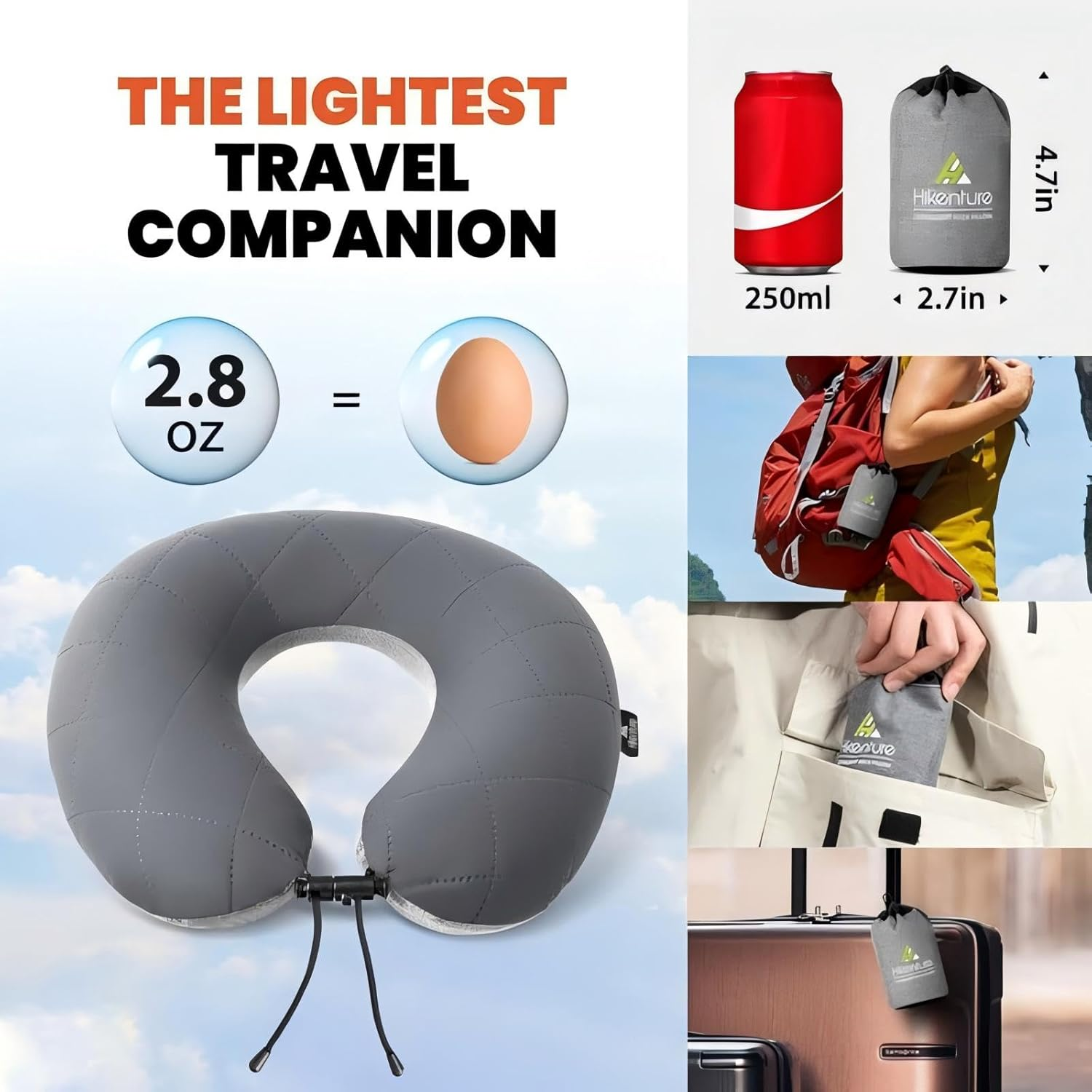 HIKENTURE Travel Pillow, Ultralight Inflatable Neck Pillow, Fully Inflated in 3 Breaths, Ergonomic Travel Neck Pillow for Airplane & Car, Portable Flight Pillow with Adjustable Softness(Grey) image number 2