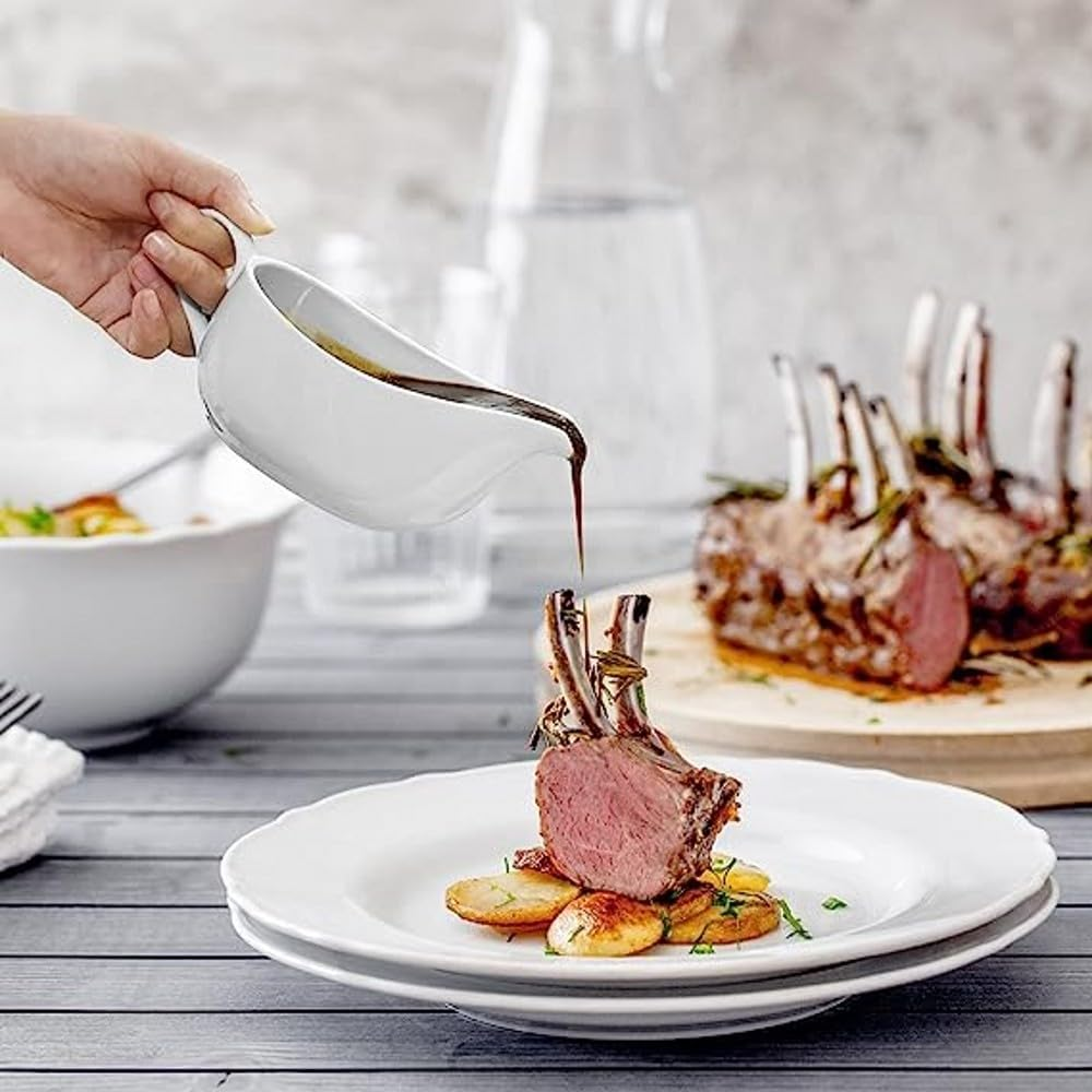 Qlans Gravy Boat with Ladle and Saucer 17 Oz,Ceramic Sauce Boat with Tray for Salad Dressings Milk,Warming Sauces,Creamer,Broth,Black Pepper,White (1 PCS New Gravy Boat with Ladle and Saucer) image number 3