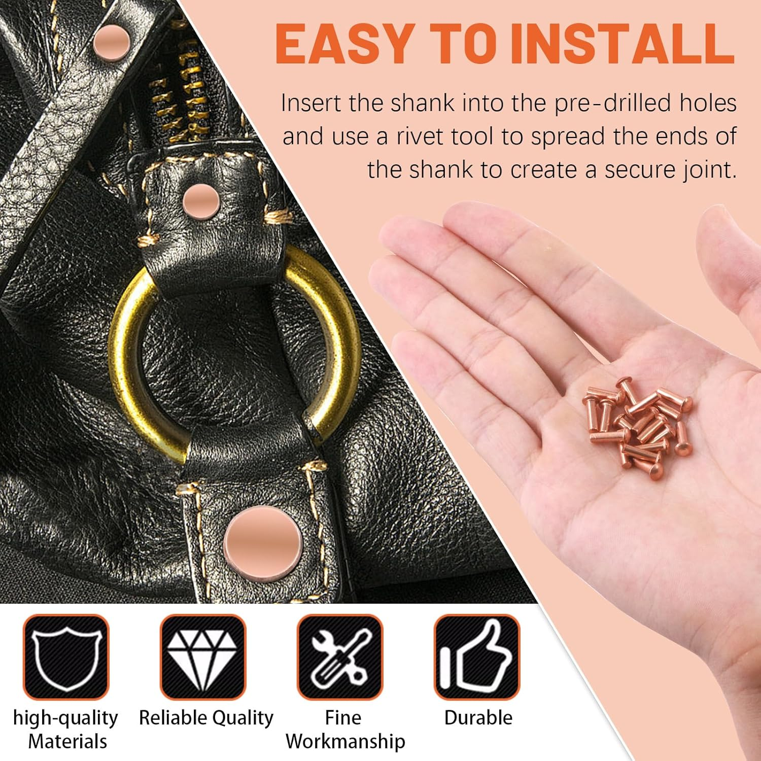 Tanstic 270Pcs Flat Head Copper Solid Rivets, M2X4/6/8, M2.5X5/8/10, M3X4/6/10 Solid Copper Rivets Fasteners for Electrical Applications Copper Finish Copper Tone image number 5