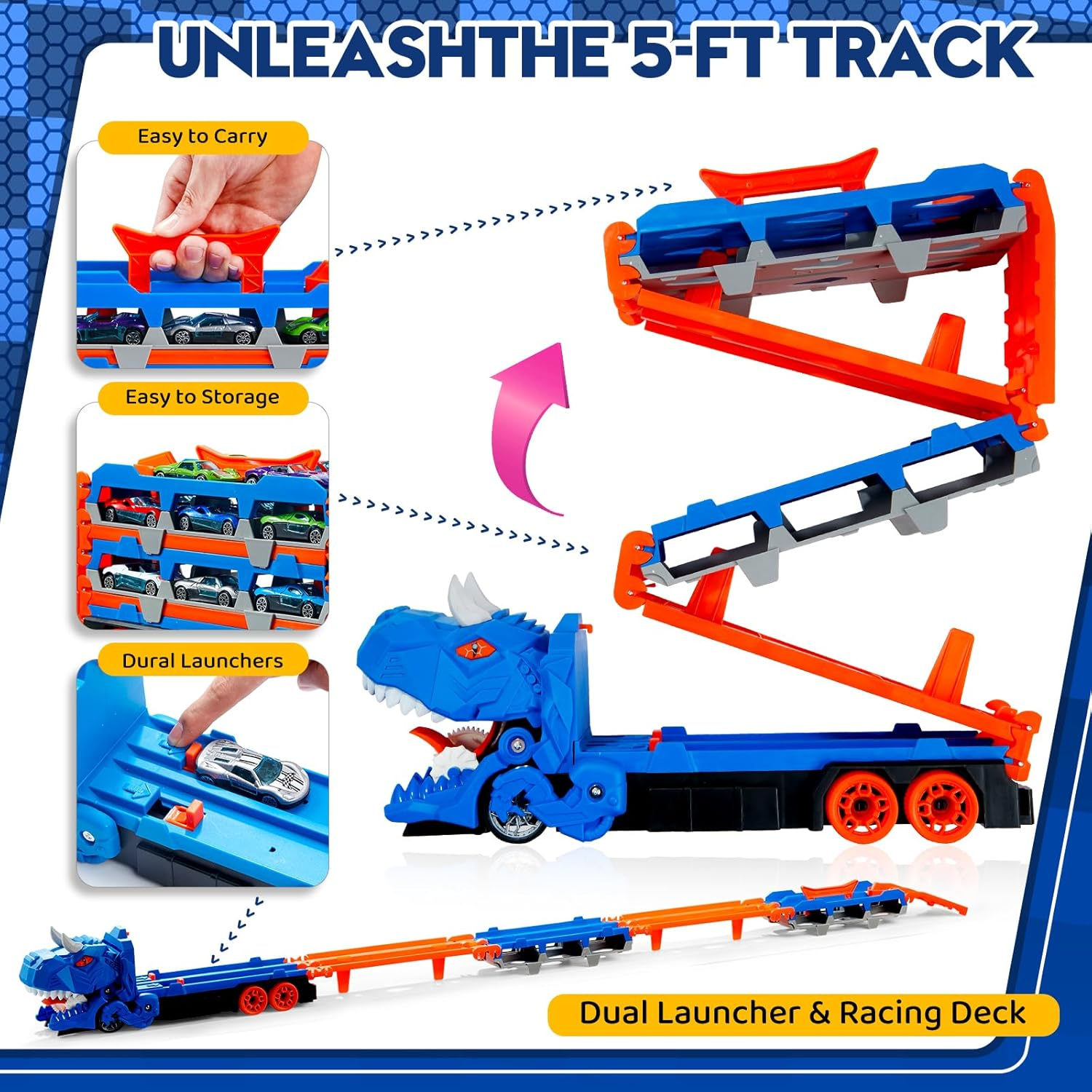 Car Toys for 3 4 5 6 Years Old Boys,Dinosaur Transporter Truck with 5-FT Race and 12 Die-Cast Cars,Toddler Dino Educational Toys for Kids 3-5 6-8 Year Old Boys Girls Birthday Gifts image number 4