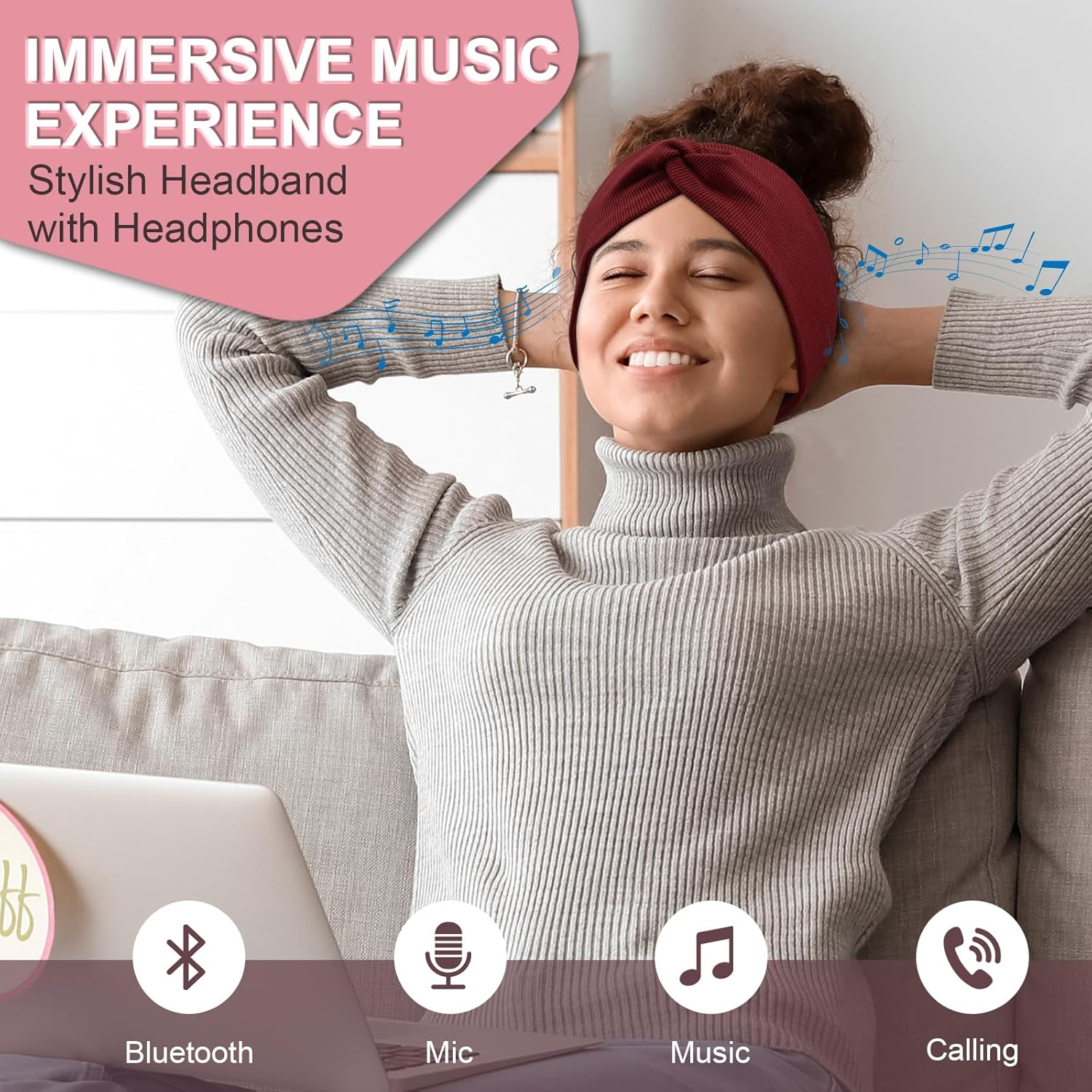 BULYPAZY 2-Pack Headband Headphones with Thin HD Speakers, Bluetooth Headband for Women, Stylish Knotted Headband, Cozy Band Headphones for Workout, Running, Yoga, Travel, Meditation - Red&Black image number 1