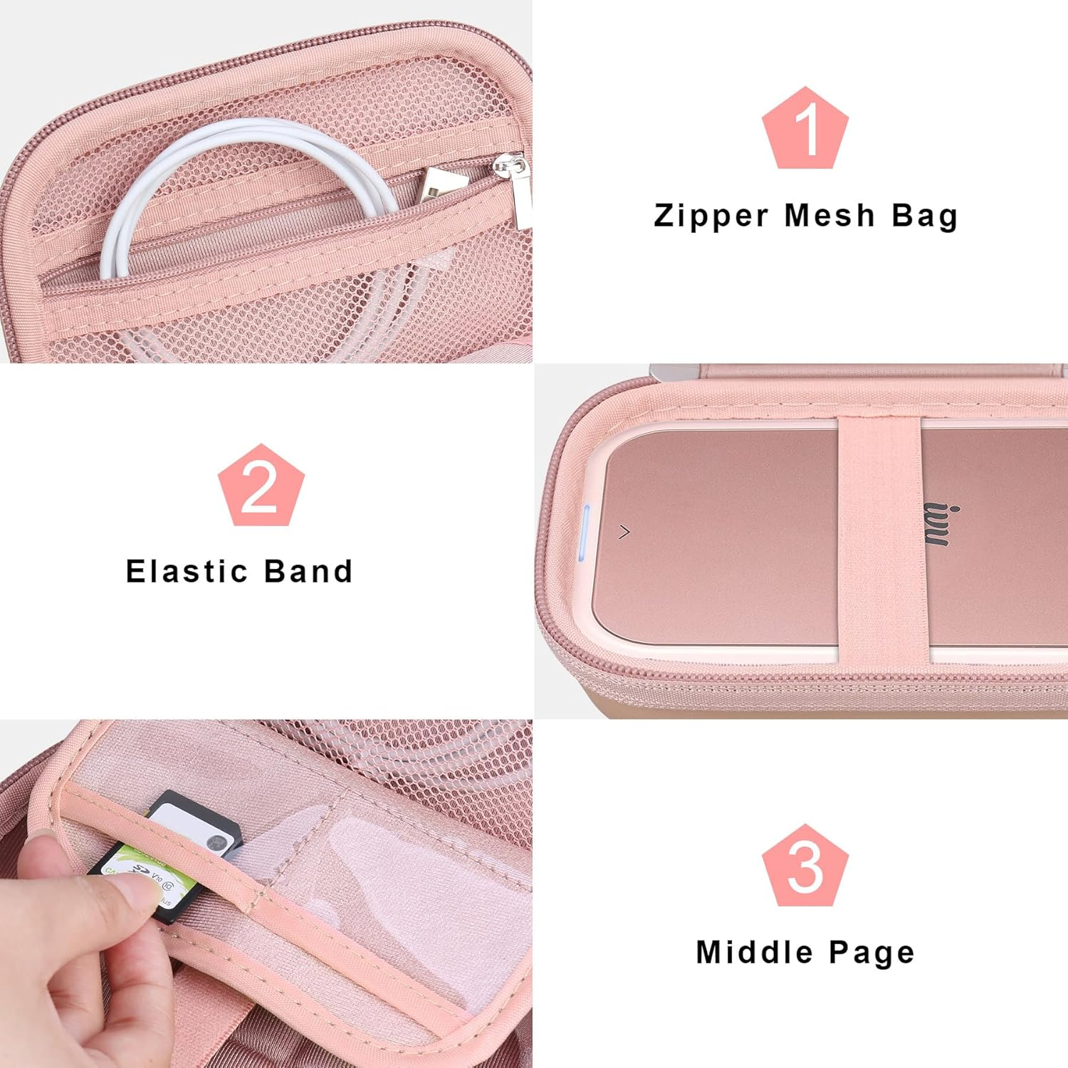 Canboc Hard Case for Canon Ivy 2/ Canon Zoemini 2 Mini Photo Printer Mobile Wireless Bluetooth Instant Camera Printer, Zipper Mesh Bag Fit Photo Paper Cable, Rose Gold - Pink image number 3