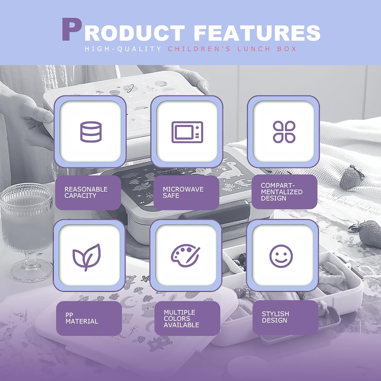 STRONGBERRY Kids Lunch Box, Healthy and Microwave - Safe, Dinosaur Parade, Purple Unicorn, Brown Bear Designs (Purple Unicorn) image number 3