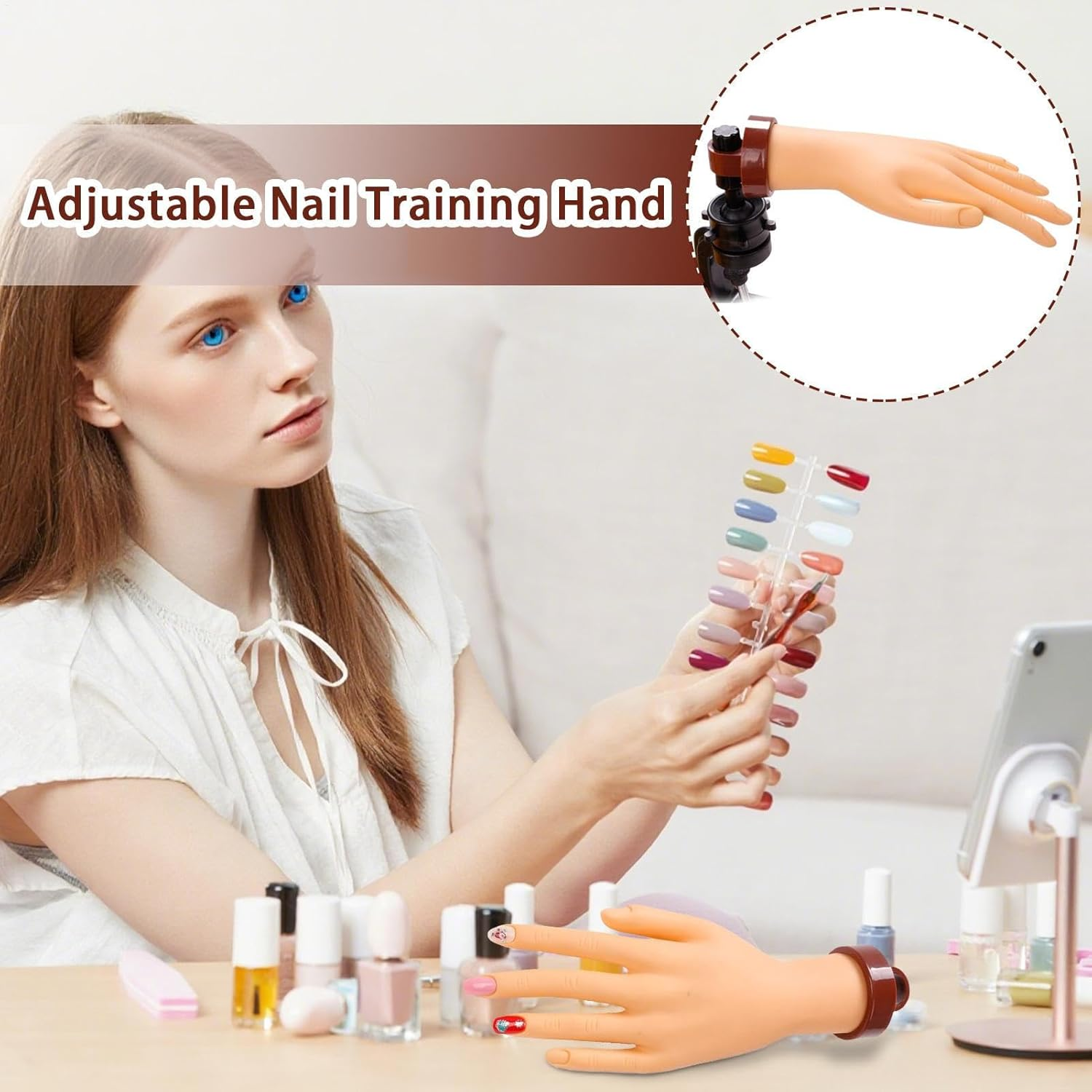 Humdcdy Nail Practice Hand, Bendable Nail Practice Fake Hand with Holder, Manicure Training Realistic Model for Beauty Salon Artists Teaching Beginners image number 5
