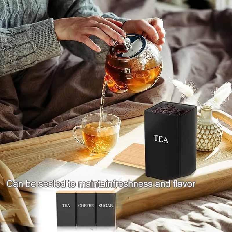 3 Pcs Coffee Tea Sugar Container Set, 1000 Ml Vintage Kitchen Canister Set with Bamboo Lids, Metal Food Storage Container Jars for Kitchen Counter, Farmhouse Kitchen Decor (Black) image number 5