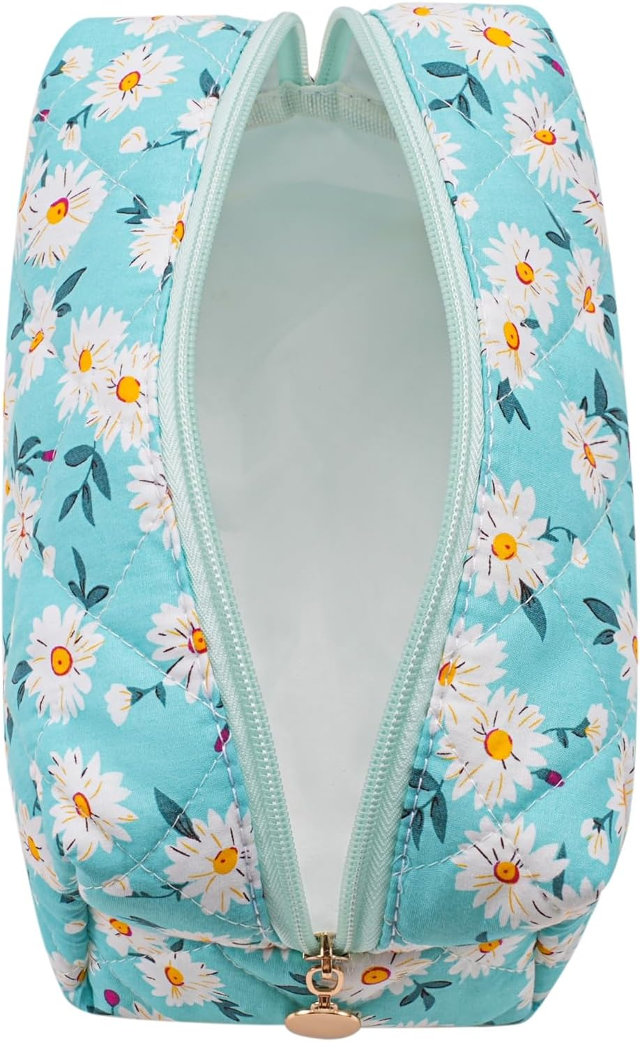 Cute Daisy Makeup Bag Small Cotton Quilted Floral Cosmetic Bag Travel Make up Pouch Toiletry Organizer Gift for Women Girls, Jade Green