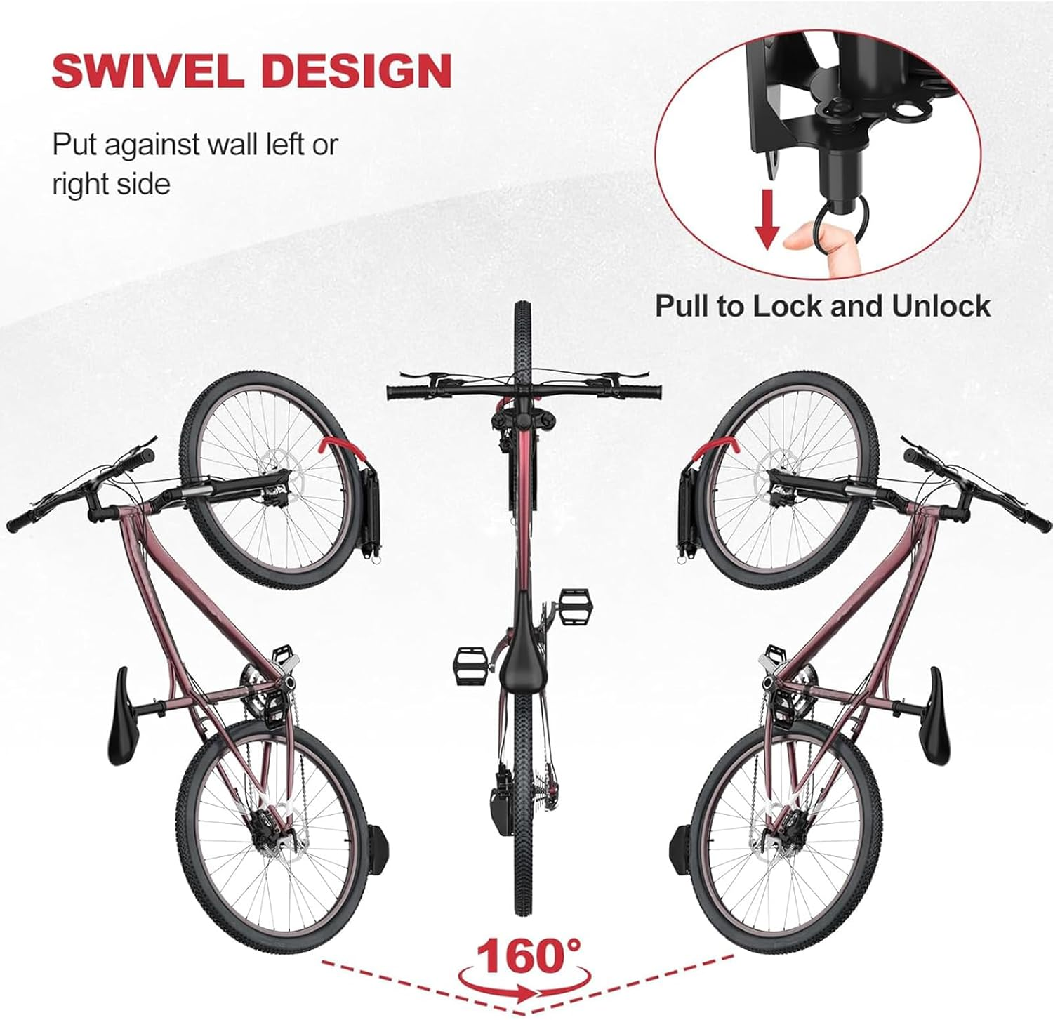 Swivel Bike Wall Mount, Bike Hooks for Garage, Wall Mount Bike Rack Bike Hangers for MTB, Road, Bicycle, Bike Storage Rack for Garage Apartment Indoor (2Pack) image number 6