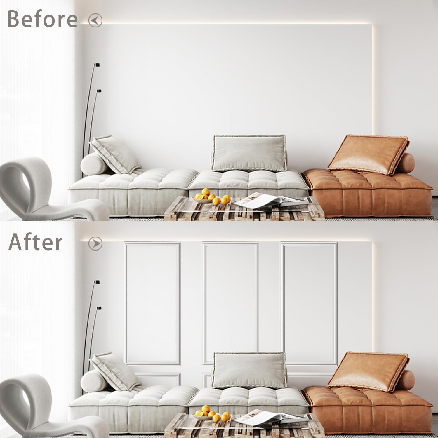 TRAIN2 ART 6 Sets Peel and Stick Wall Molding Kit, Ready to Assemble Wainscoting Panels for Interior Wall Moulding Decor，Pre Made Wainscoting Wall Panel for Living Room Bedroom Accent Wall image number 1