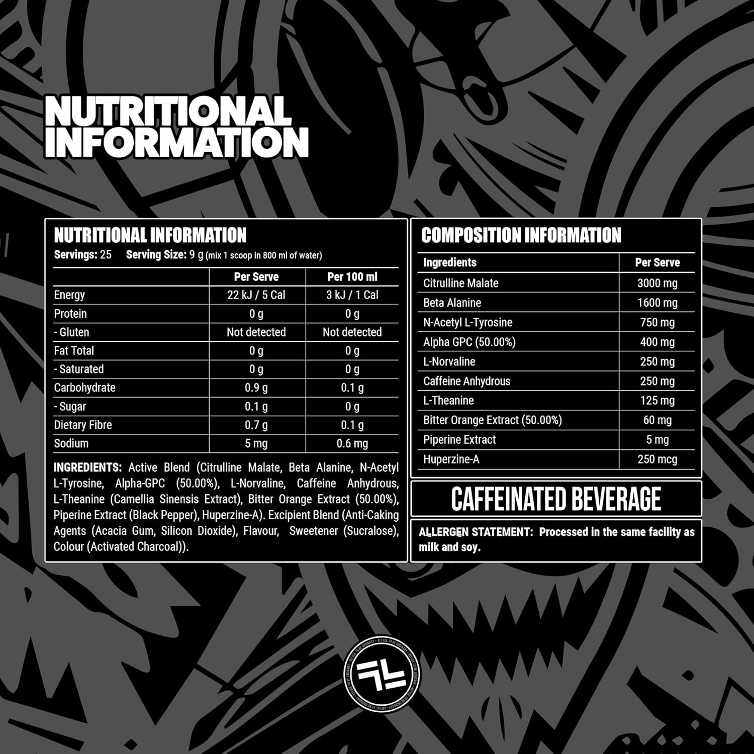 Faction Labs Disorder Original Pre Workout Powder, Black Fire, Sugar Free Caffeinated Gym Supplement, 25 Serves, 225G