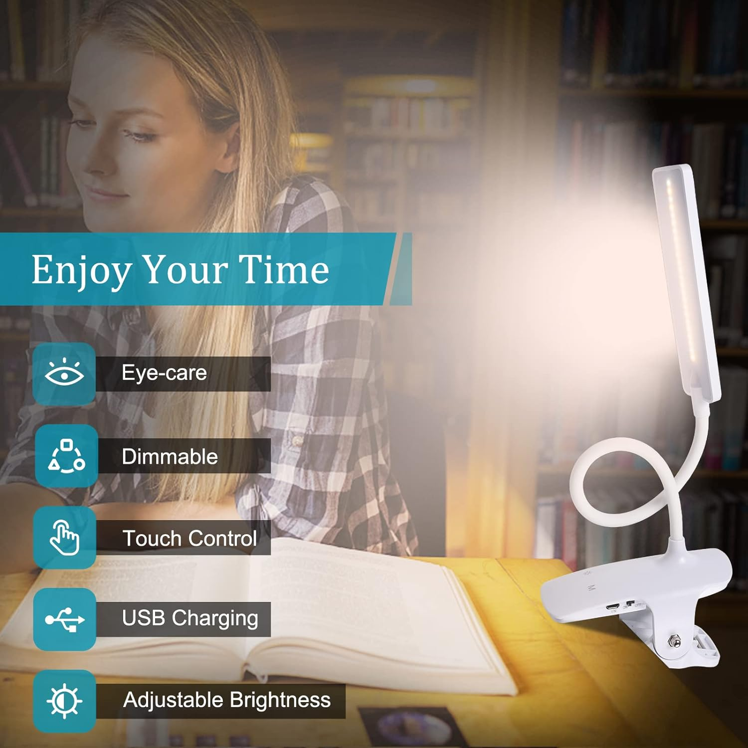 Deaunbr LED Reading Light with Clip USB Rechargeable Book Lights, Eye Protection 24 Leds Flexible Neck Night Bed Lamp, Touch Control Portable Clamp Desk Lamps for Bed Headboard, Computers - White image number 2