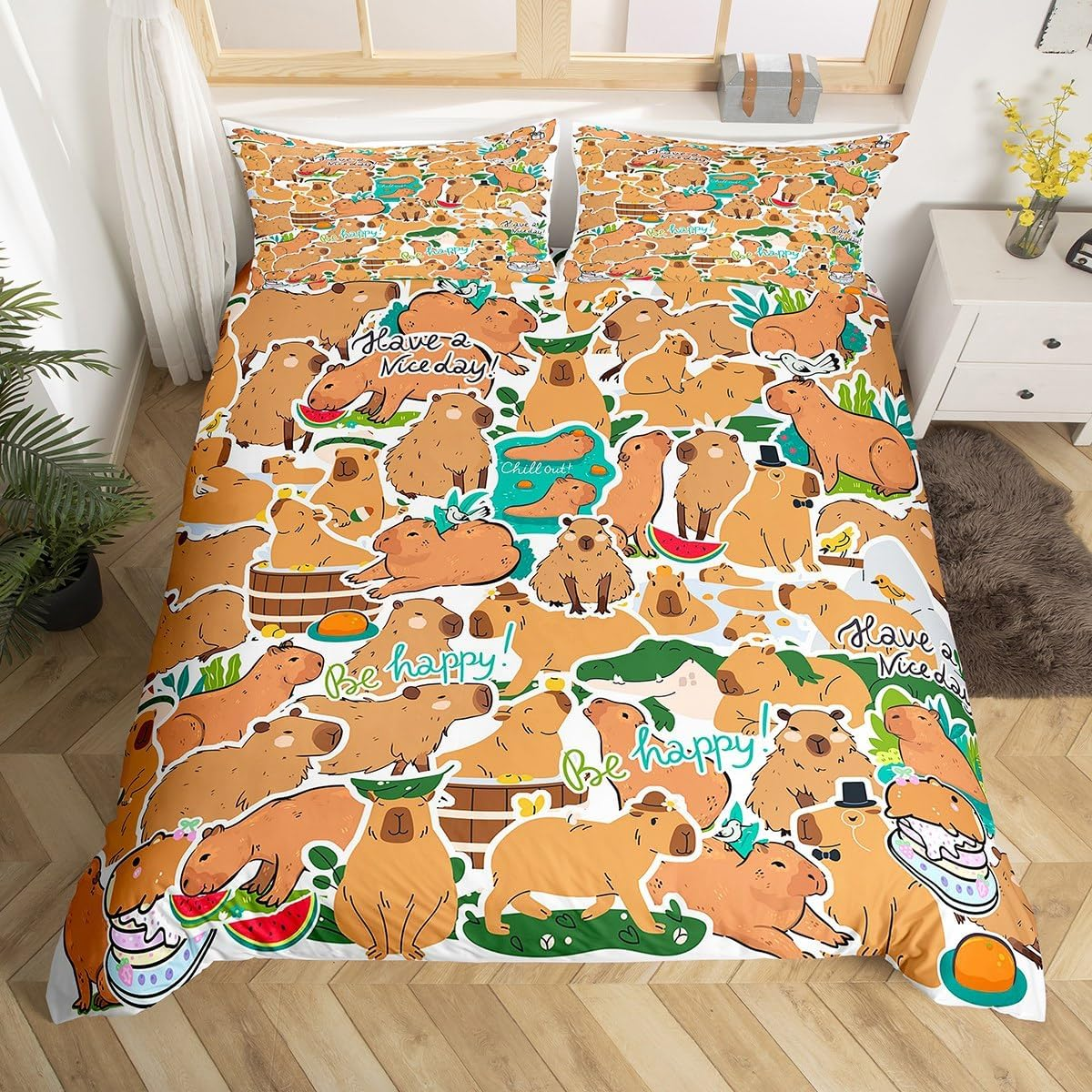 Homewish Children'S Capybaras Duvet Cover 155 X 220 Cm Cartoon 3D Animal Bedding Set Funny Rodent Animal for Teens Girls Boys Galaxy Starry Moon Duvet Cover for Capybara Lovers Home Decor
