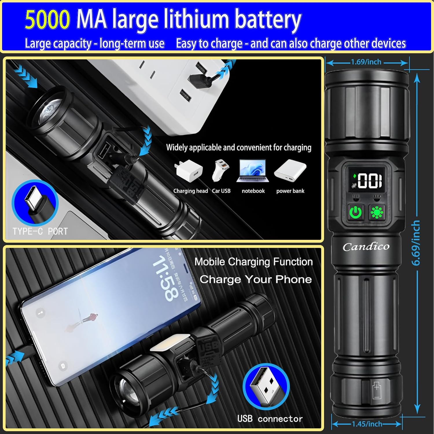 LED Torch Rechargeable Flashlight,9 Modes High Lumen with Magnetic Base Zoomable 5000Mah Battery Handheld Torches with Cob Side Light,Ipx4 Waterproof,Used for Outdoor Camping Accessories,Home Use image number 4