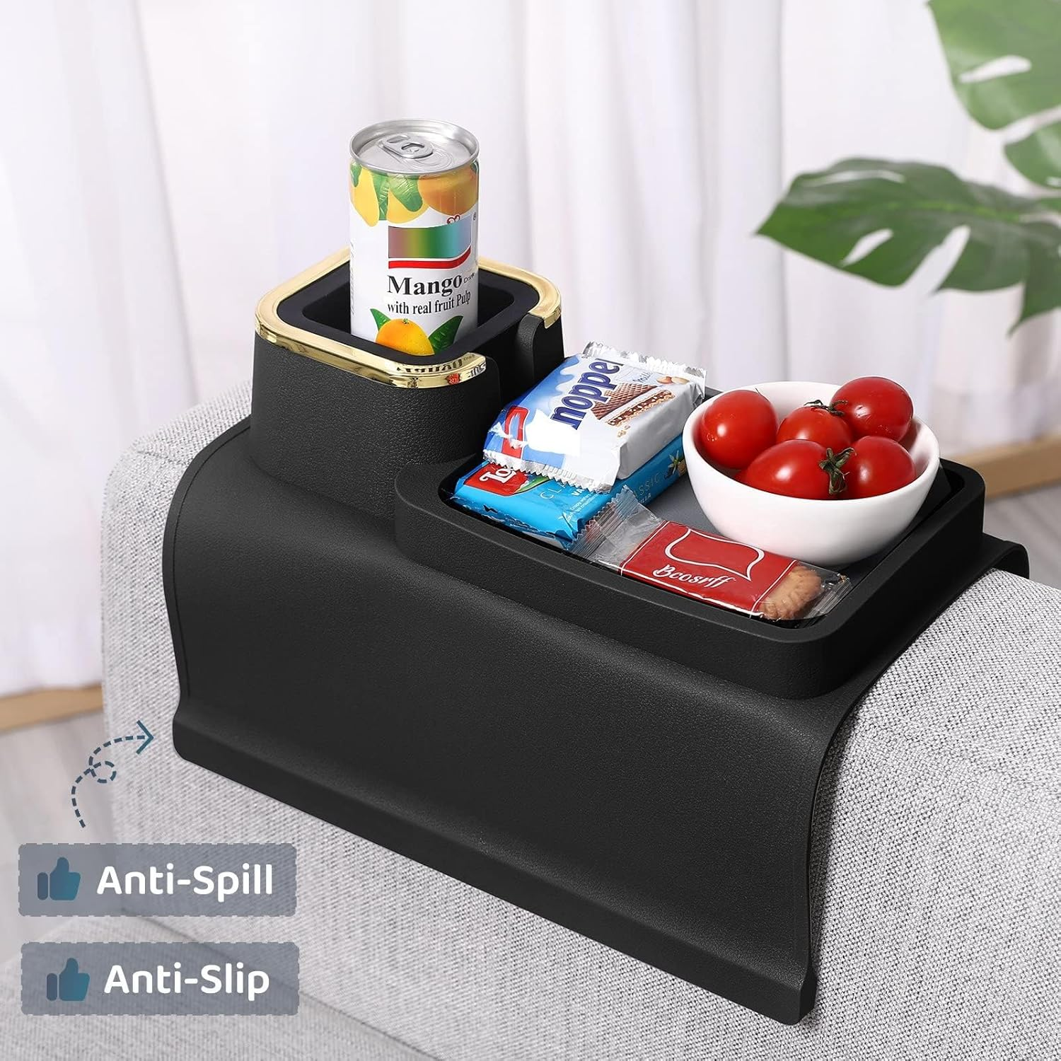 Silicone Couch Cup Holder, Portable Sofa Cup Holder Tray, Couch Drink Holder & Sofa Tray, Multi-Functional Sofa Armrest Organiser for Cup, Phone, Tablet, Remote Control, Snack (Black) image number 1