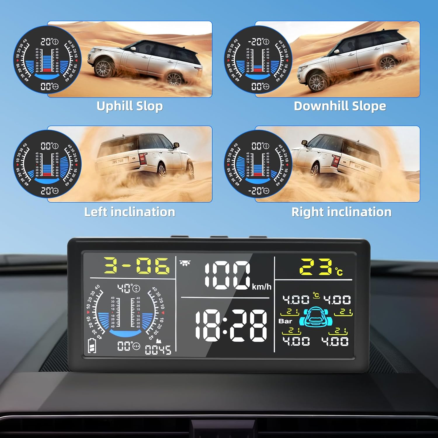 8-In-1 Advanced Tyre Pressure Monitoring System W/4 TPMS Sensors, Real-Time Multifunctional Monitor System W/Slope Meter,Altitude,Speedometer,Car/Tiretemperature,Date,Time HUD Display for Vehicle image number 3
