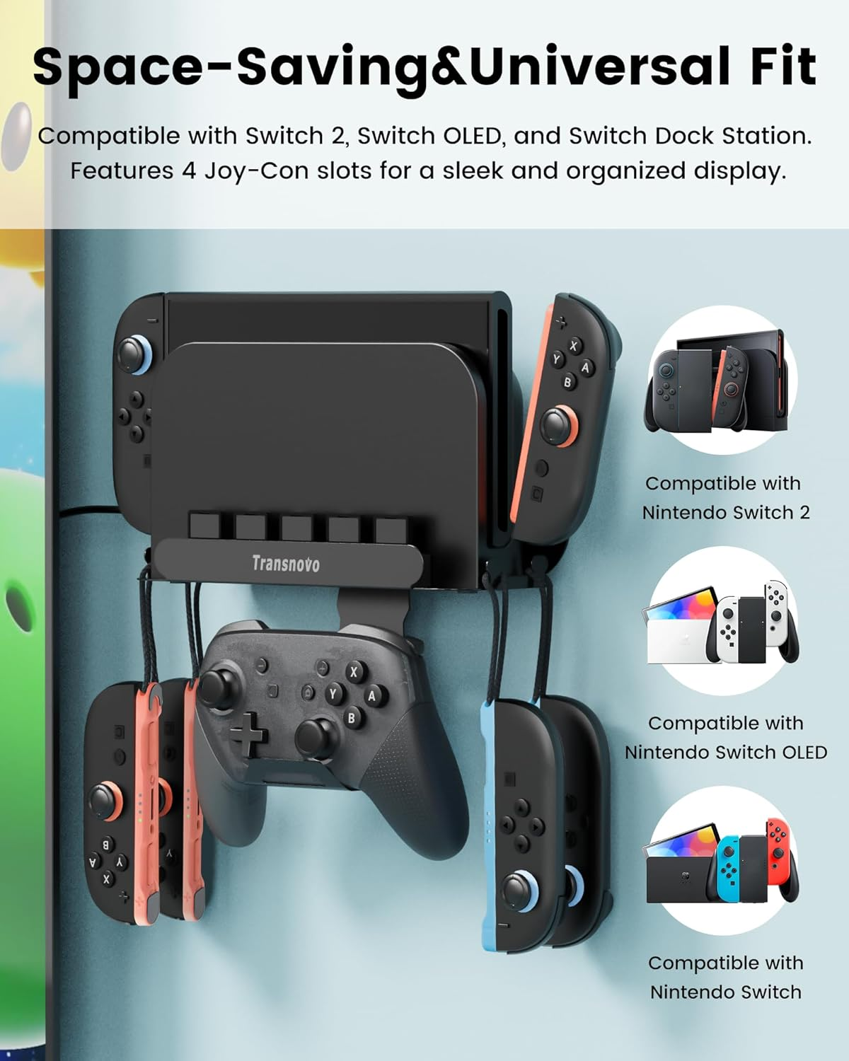 TRANSNOVO Wall Mount Dock Holder Compatible with Switch 2/Oled/Switch, Space-Saving Console Storage Near/Behind TV, Metal Bracket with Hook for Hanging Joycons/Pro Controller and 5 Game Card Slots image number 5