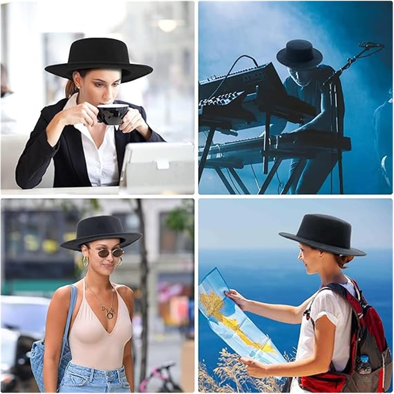 Classic Black Wool Blend Fedora Hat &ndash; Wide Flat Brim Pork Pie Style Elegant Black Fedora Hats for Men & Women Ideal for Weddings Parties Performances & Everyday Outfits image number 4