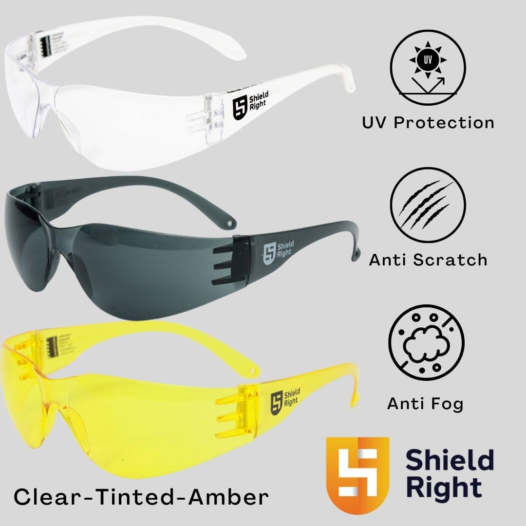 Shield Right 12 Pack Classic Safety Glasses, Clear, Smoke/Tinted, Amber, Anti-Scratch Coating, anti Fog, Eye Protection, Impact Resistant Lens image number 5