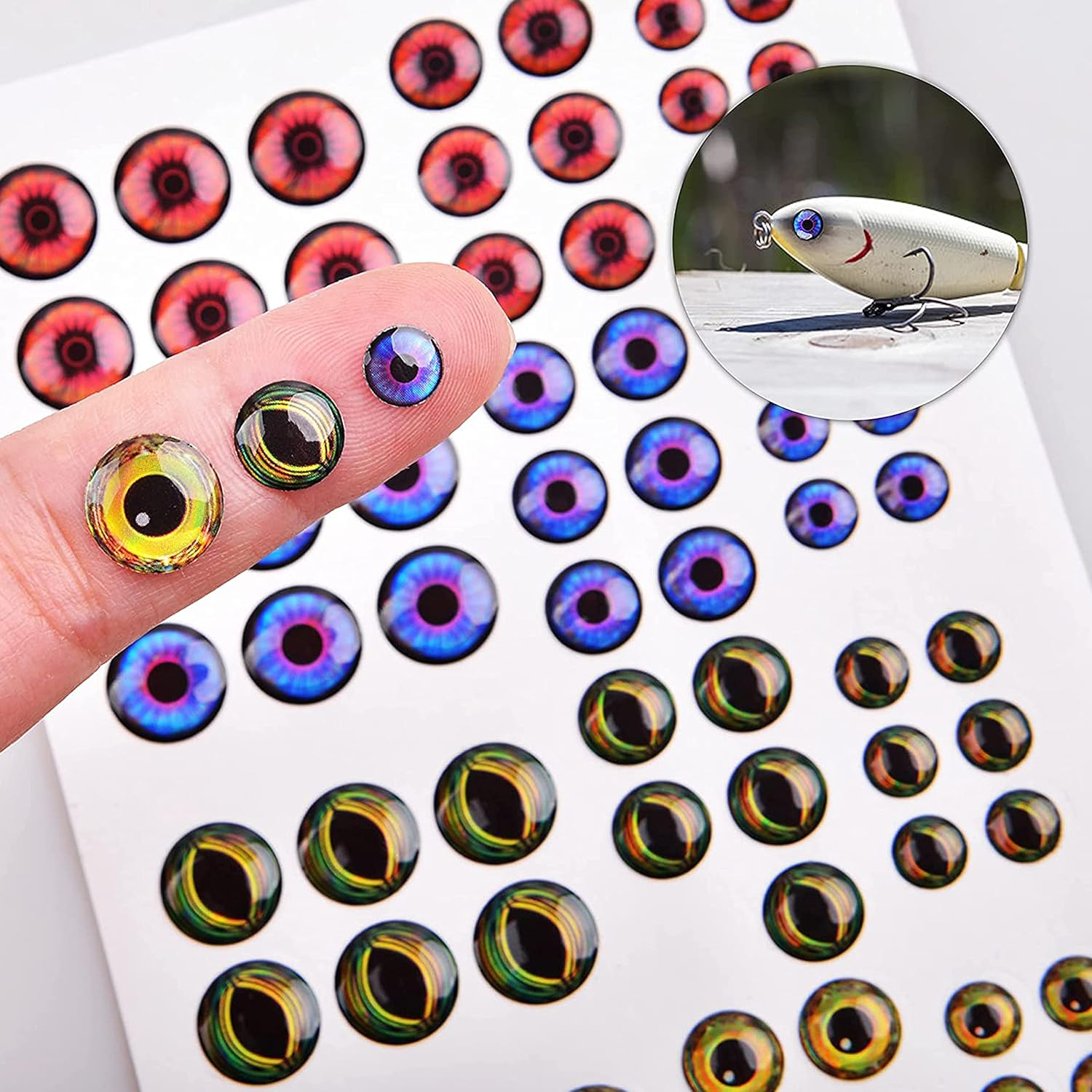 Fishing Lure Sticker and Fish Eyes, 342Pcs Holographic Adhesive Flash Lure Tape 3D 4D 5D Realistic Fishing Lure Eyes for Fishing Lure Making DIY Crafts Tool