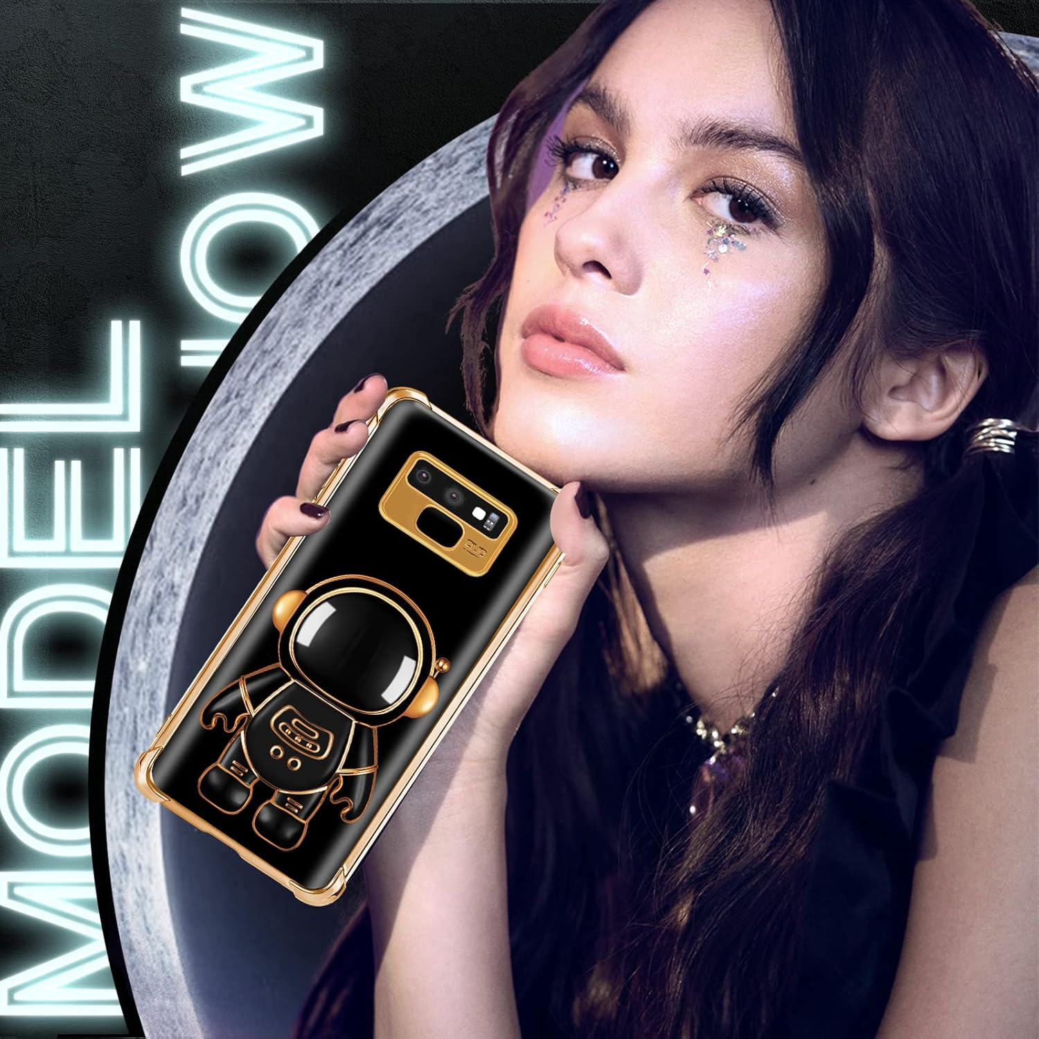 Lotadilo for Samsung Galaxy Note 9 Case, Galaxy Note 9 Cases with Astronaut Stand for Women Girls, Girly Cute Spaceman Love Heart Gold Plating 6D Phone Cover with Kickstand for Note 9 6.4 Inch (Black) image number 4