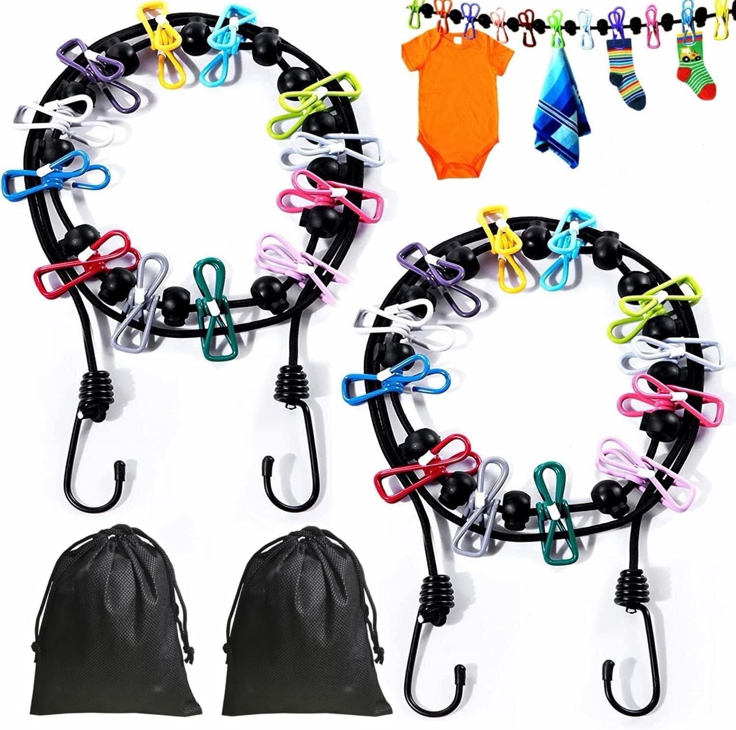 2 Pack Portable Travel Clothesline, Retractable Adjustable Clothesline with 12 Clothespins, Camping Outdoor RV Accessories for Hotel, Apartment, Indoor, Outdoor image number 1